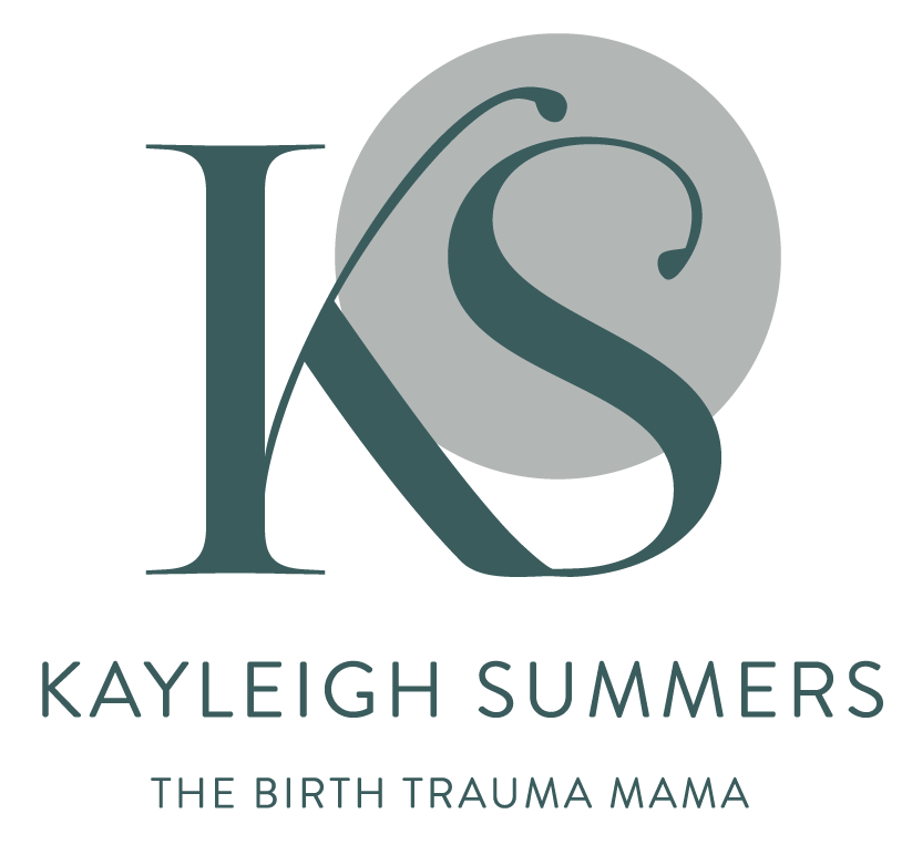 Logo for Kayleigh Summers, titled 'The Birth Trauma Mama,' featuring stylized initials 'K' and 'S' with a gray circle background.