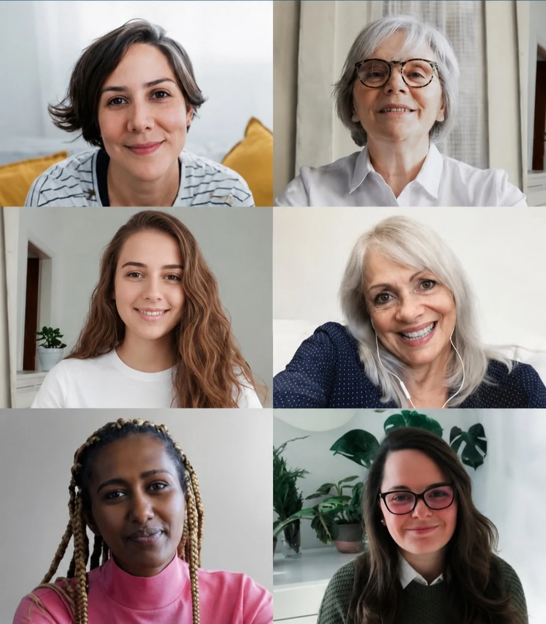 Six women participating in a virtual video call, each in their own home setting.