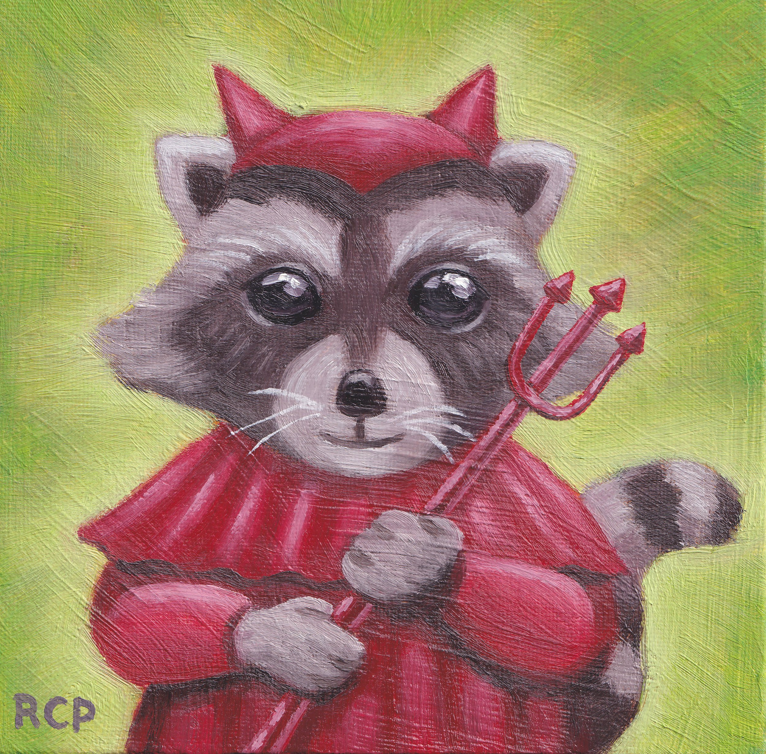 Devil Raccoon. 2024. Oil on canvas board. 6" x 6"