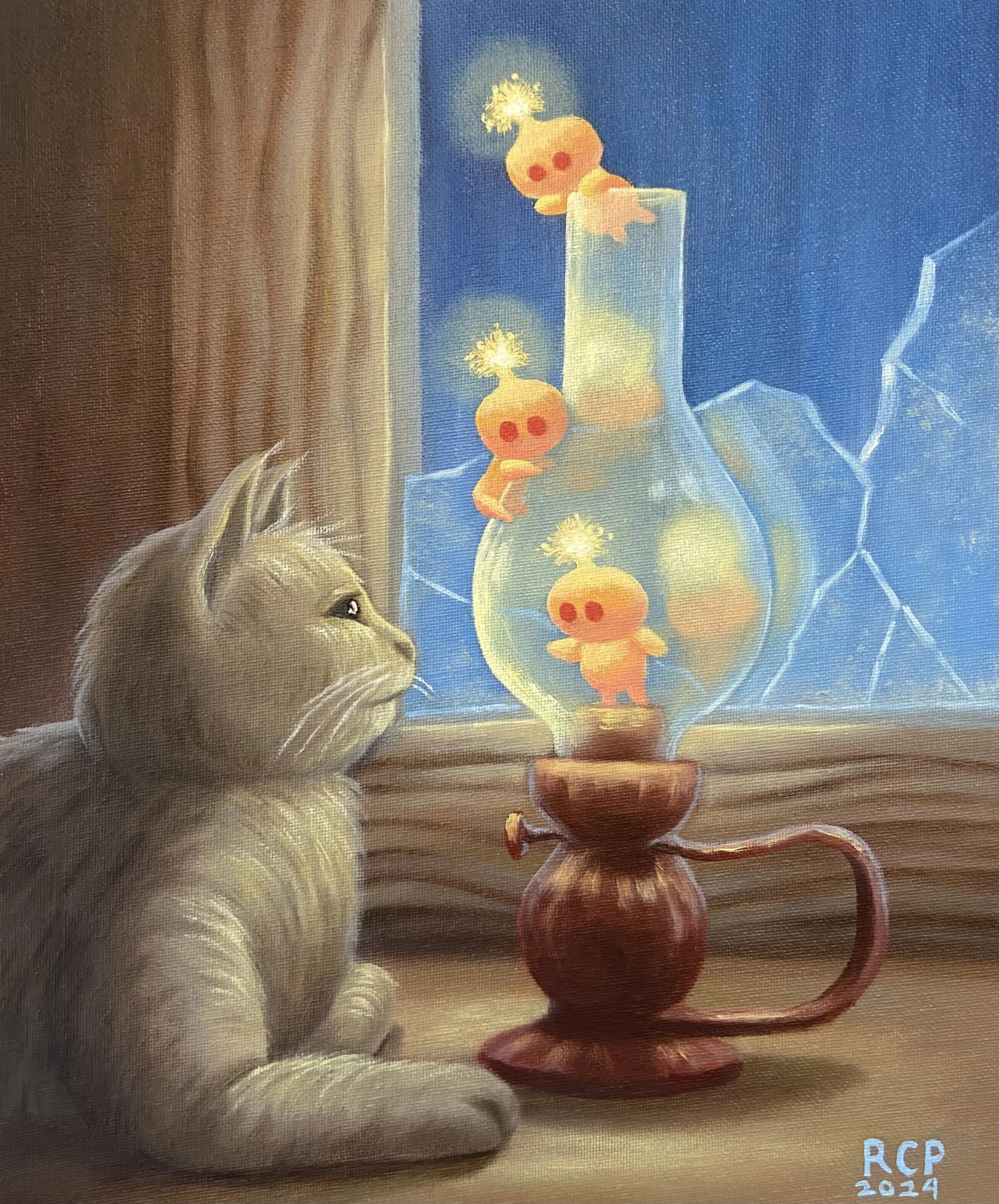 "Cat and Lantern Creatures" Original Painting