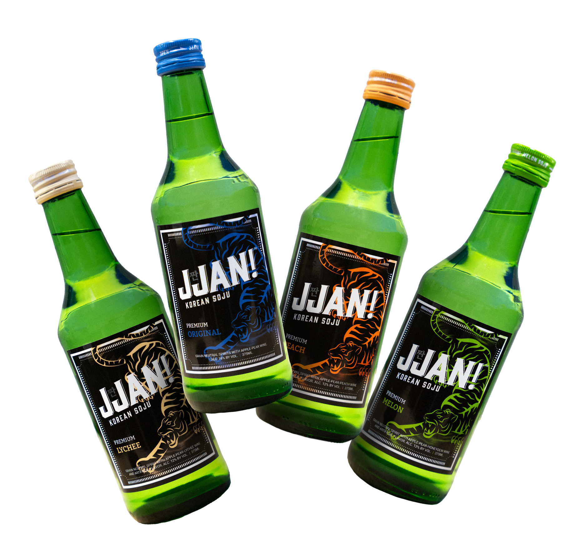 Four bottles of Korean soju with labels featuring different tiger illustrations and flavor names, arranged in a semi-circle.