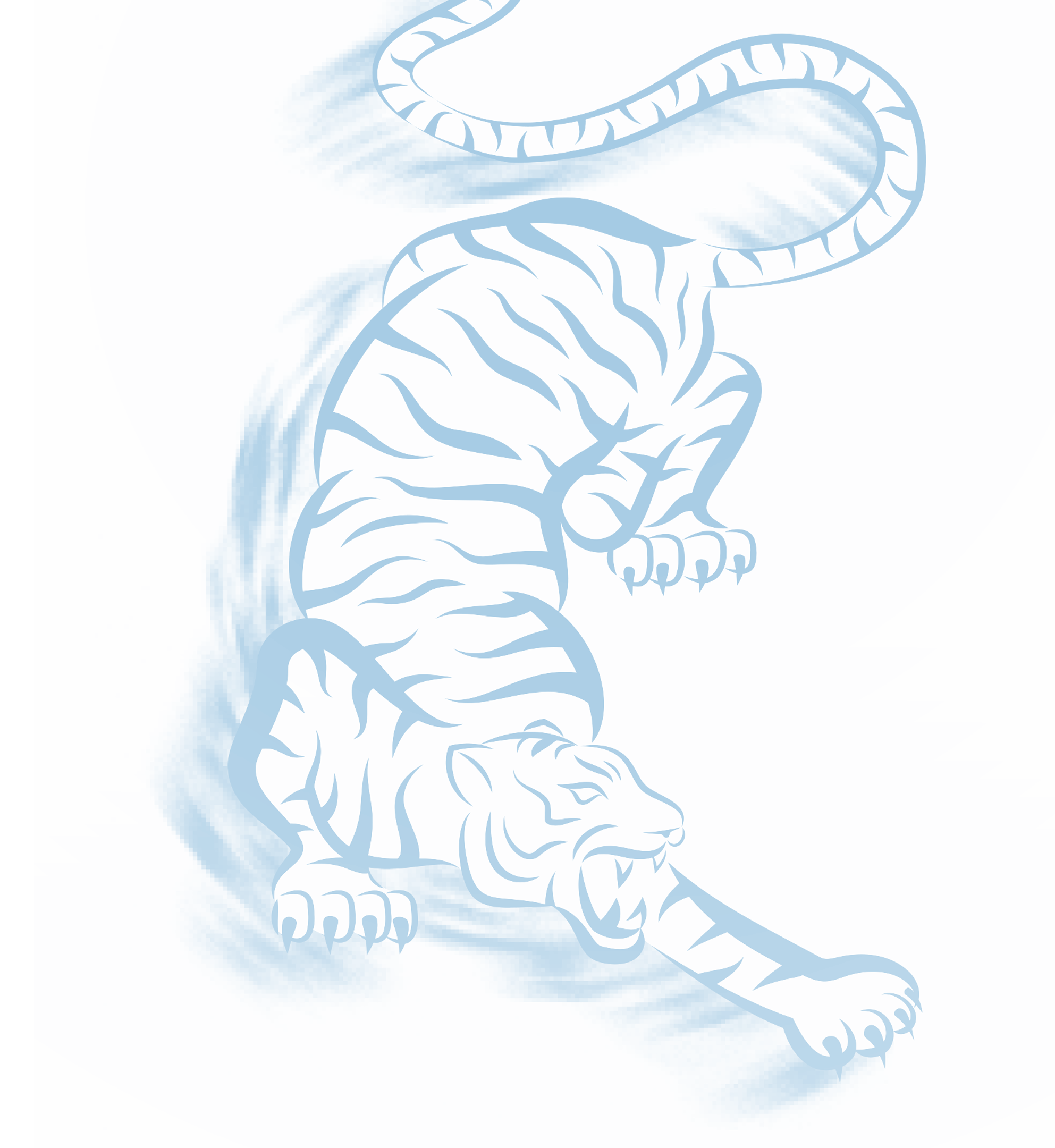 Outline of a fierce lion with a rounded mane, left front paw extended, within a blue background with faint lines indicating the design.