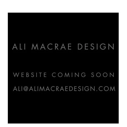 Black background with white text promoting Ali Macrae Design, indicating the website is coming soon and providing an email contact.