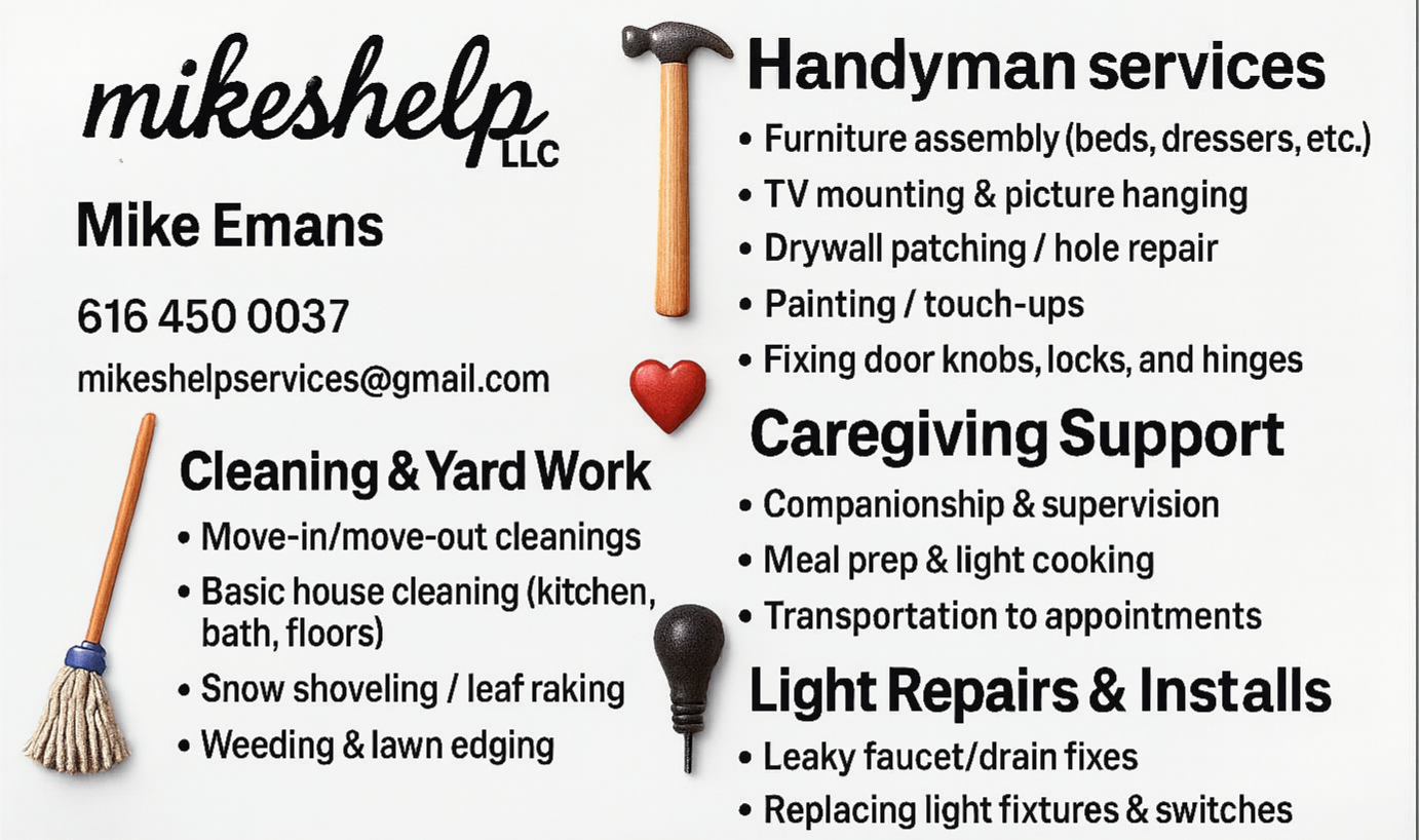Business card for Mikeshelp LLC featuring handyman, yard work, caregiving, and light repair services, with icons of a hammer, broom, and light bulb.