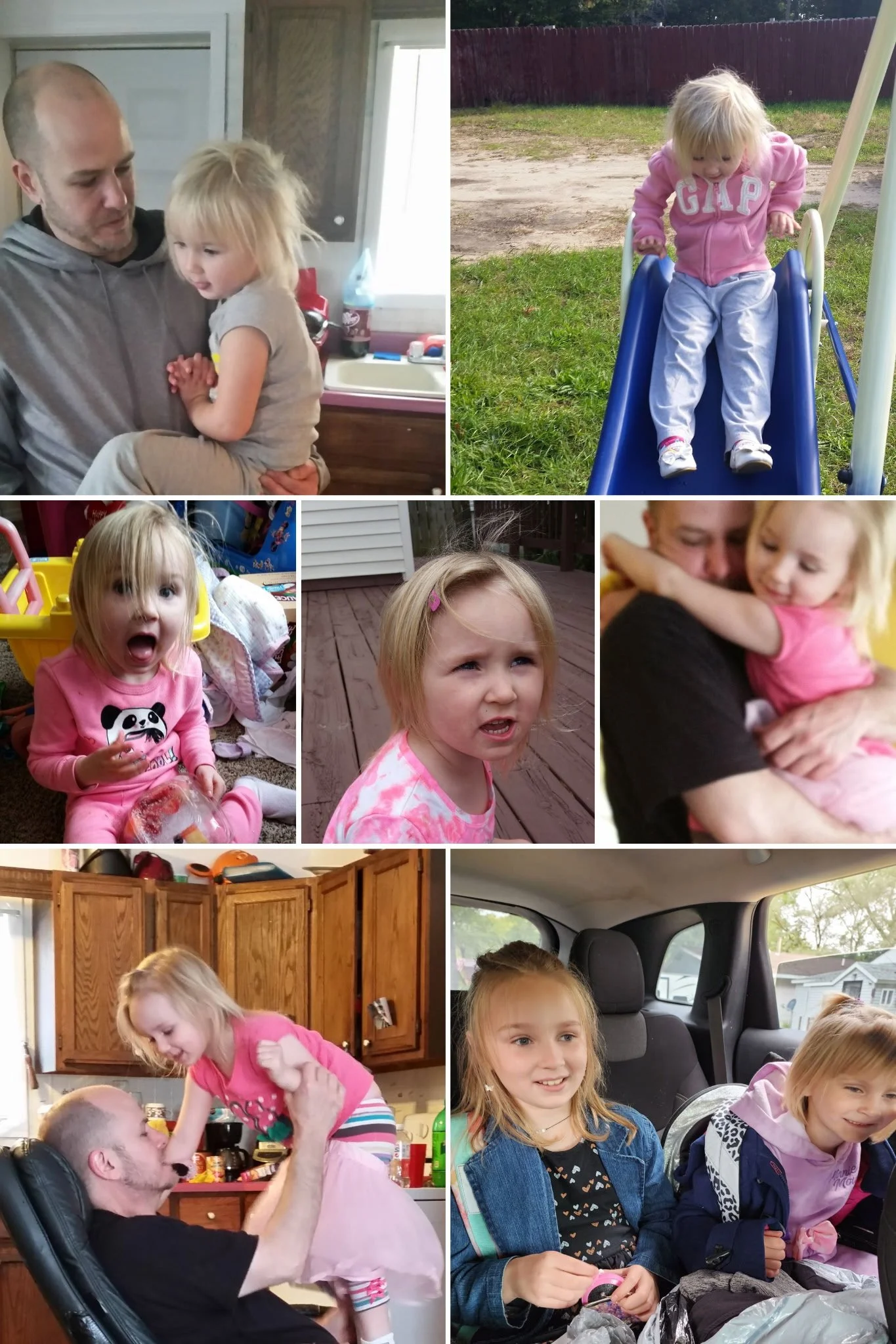 A collage of eight photos showing a young girl with blonde hair and other family members, including a man and other girls, in various indoor and outdoor settings.