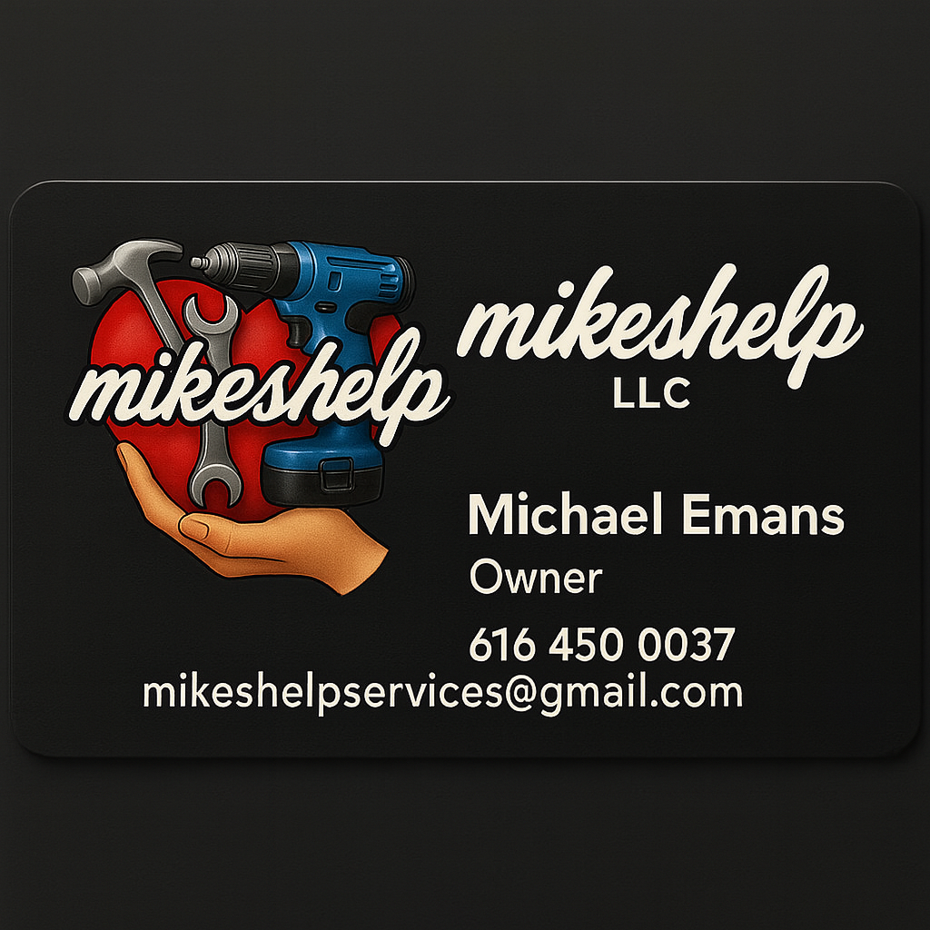 Business card for Mike's Help LLC, owned by Michael Emans, with contact details and logo featuring a hand, wrench, and drill.