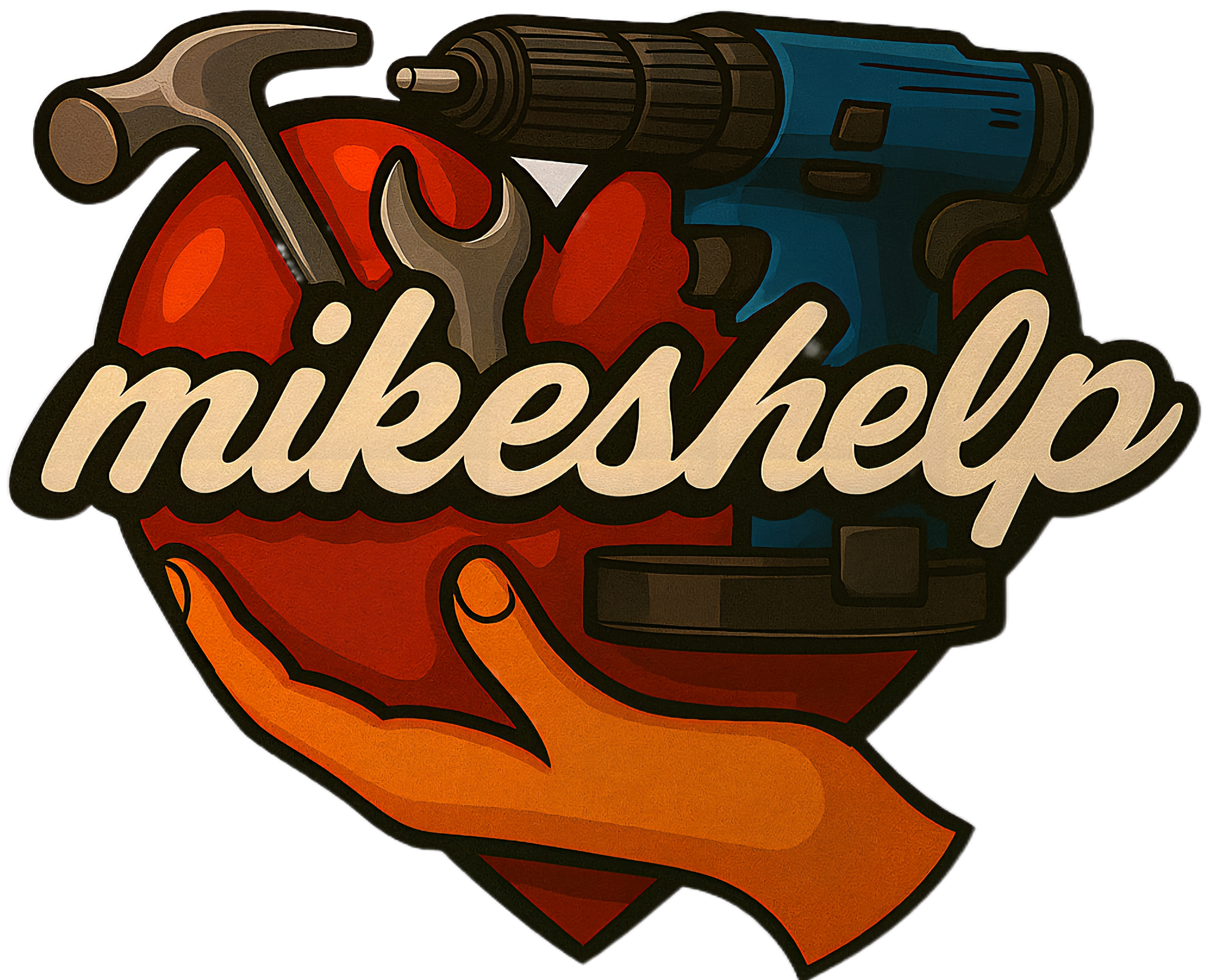 A logo with a hand holding tools and the word 'mikeshelp' in cursive script.