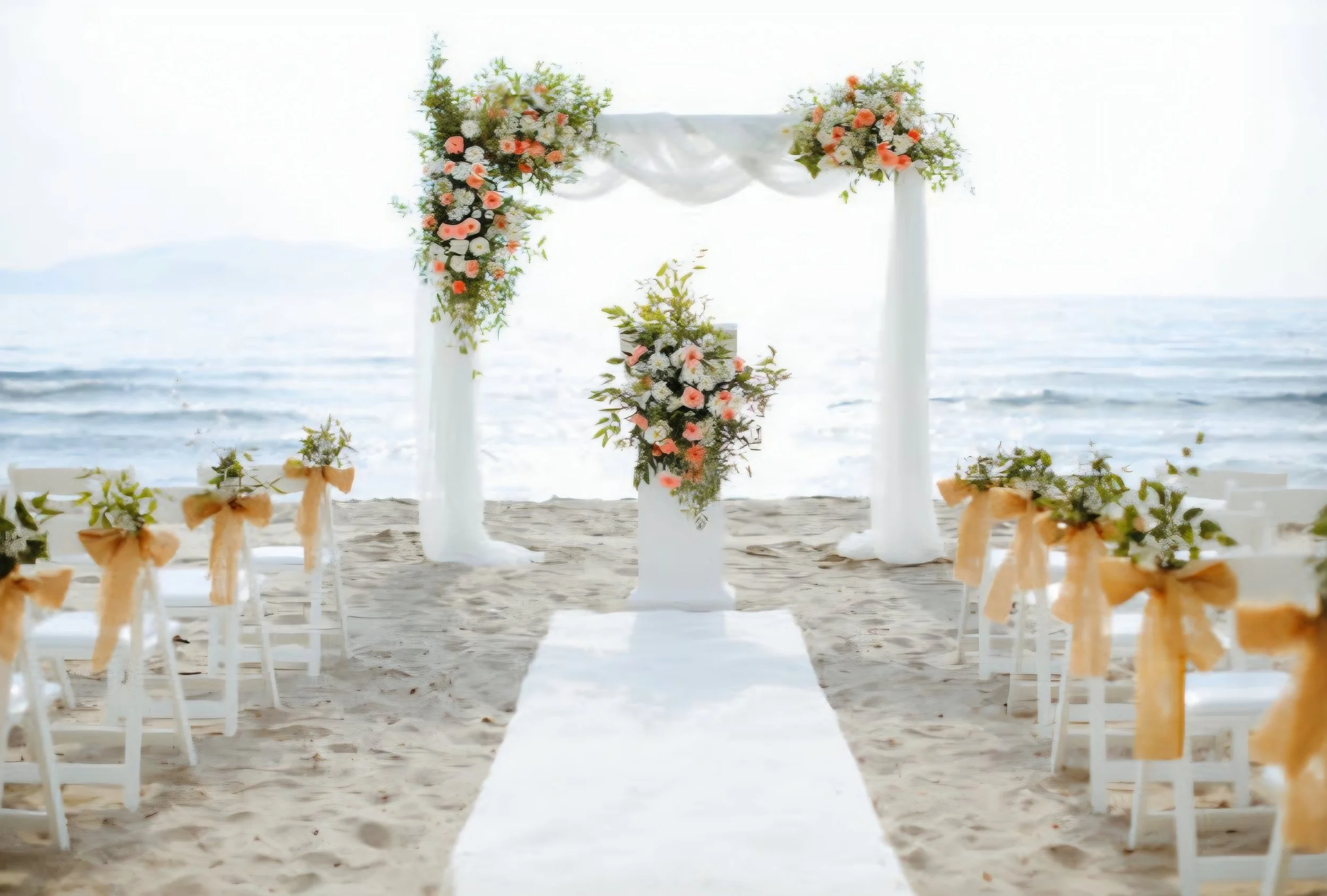 Beach wedding ceremony setup with floral arch, white chairs with yellow bows, and an aisle leading to the altar, overlooking the ocean.