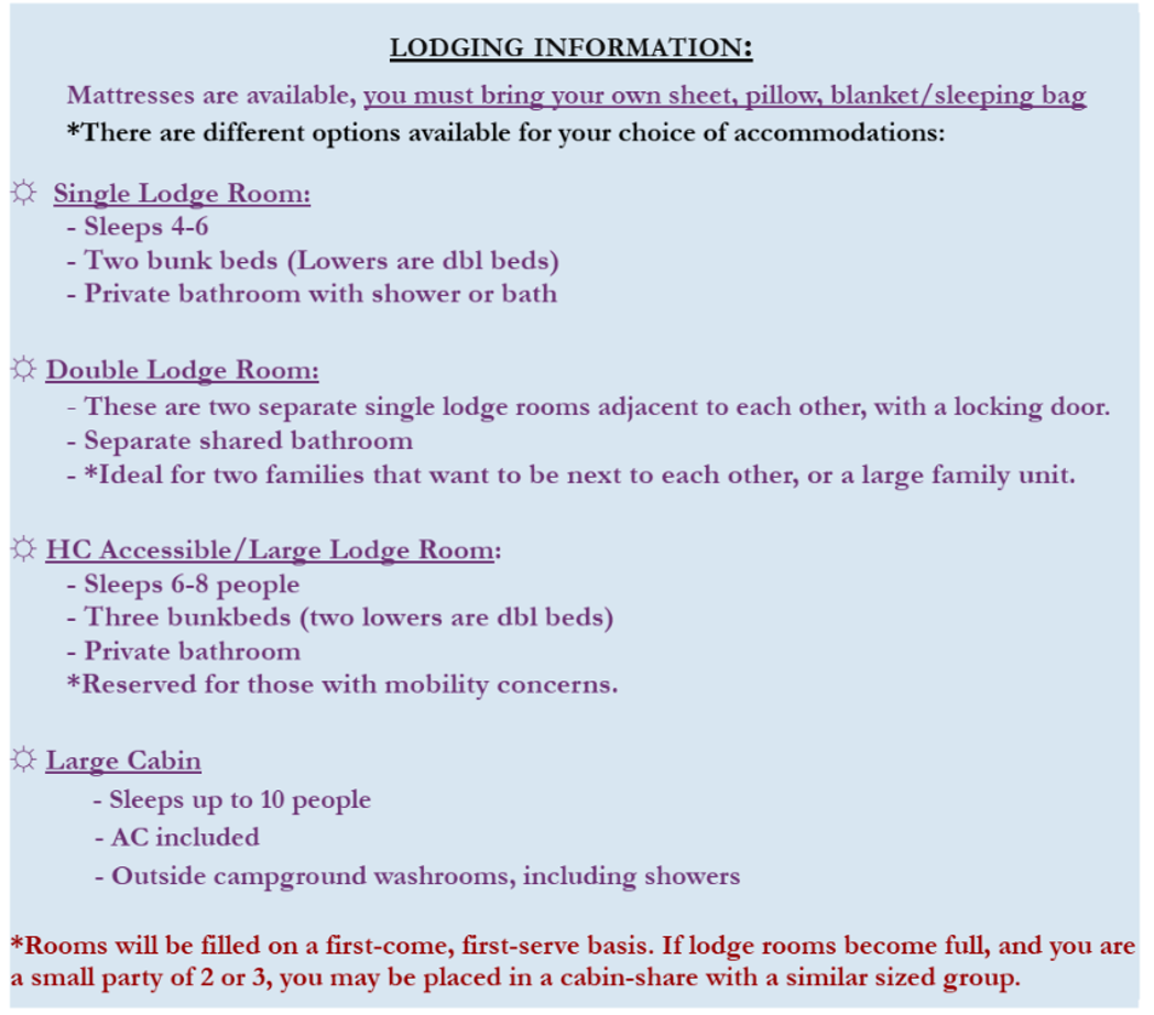 Lodging information sheet listing various accommodation options including single lodge room, double lodge room, accessible lodge room, and a large cabin with details on capacity, amenities, and suitability for disabilities or larger groups.