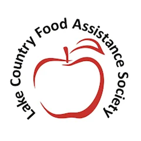 Logo of Lake County Food Assistance Society with a red apple outline and black text