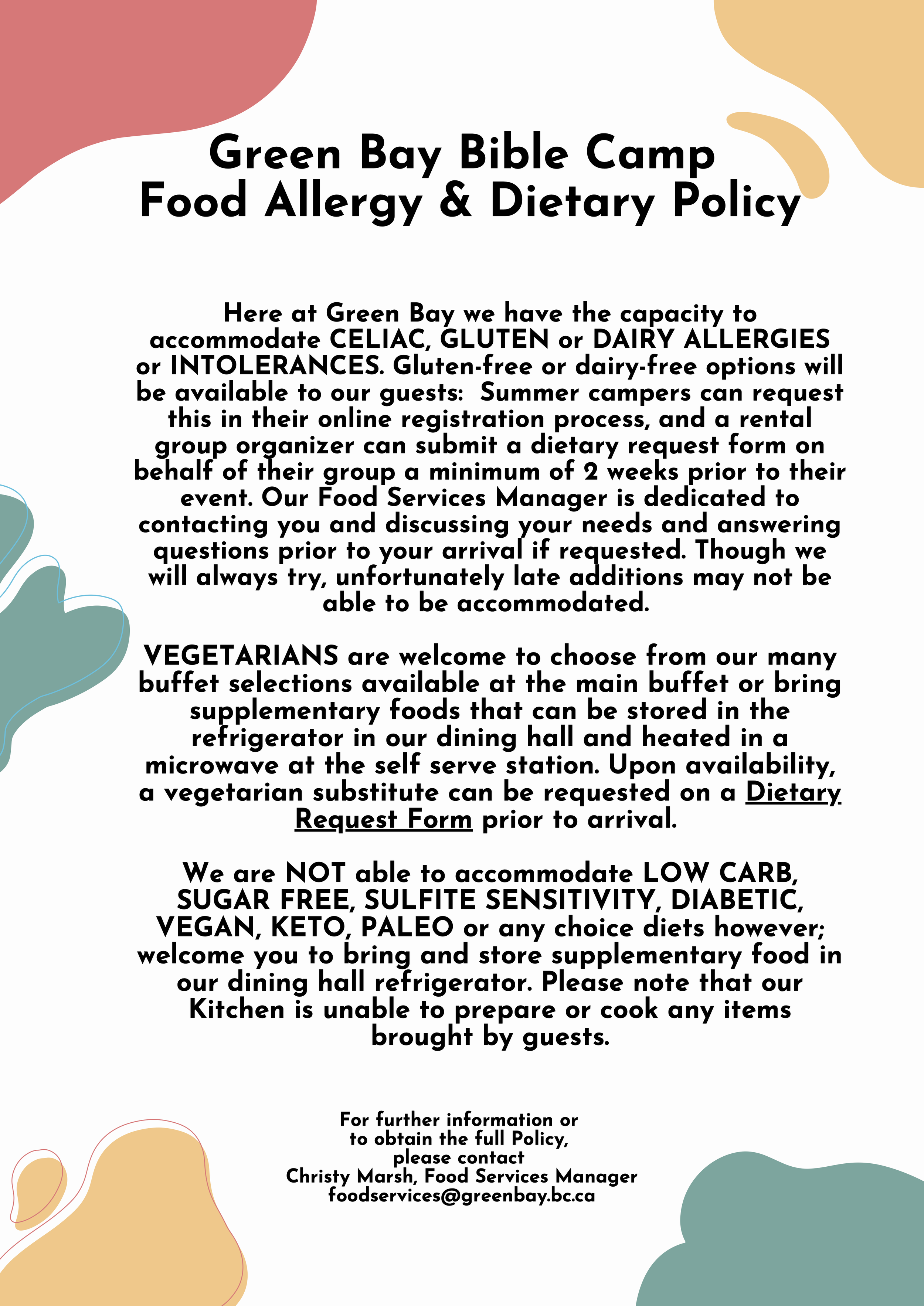 Informational poster with colorful abstract shapes about Green Bay Bible Camp's food allergy and dietary policy, including gluten-free, dairy-free, vegetarian options, and restrictions on low carb, vegan, keto, paleo diets.