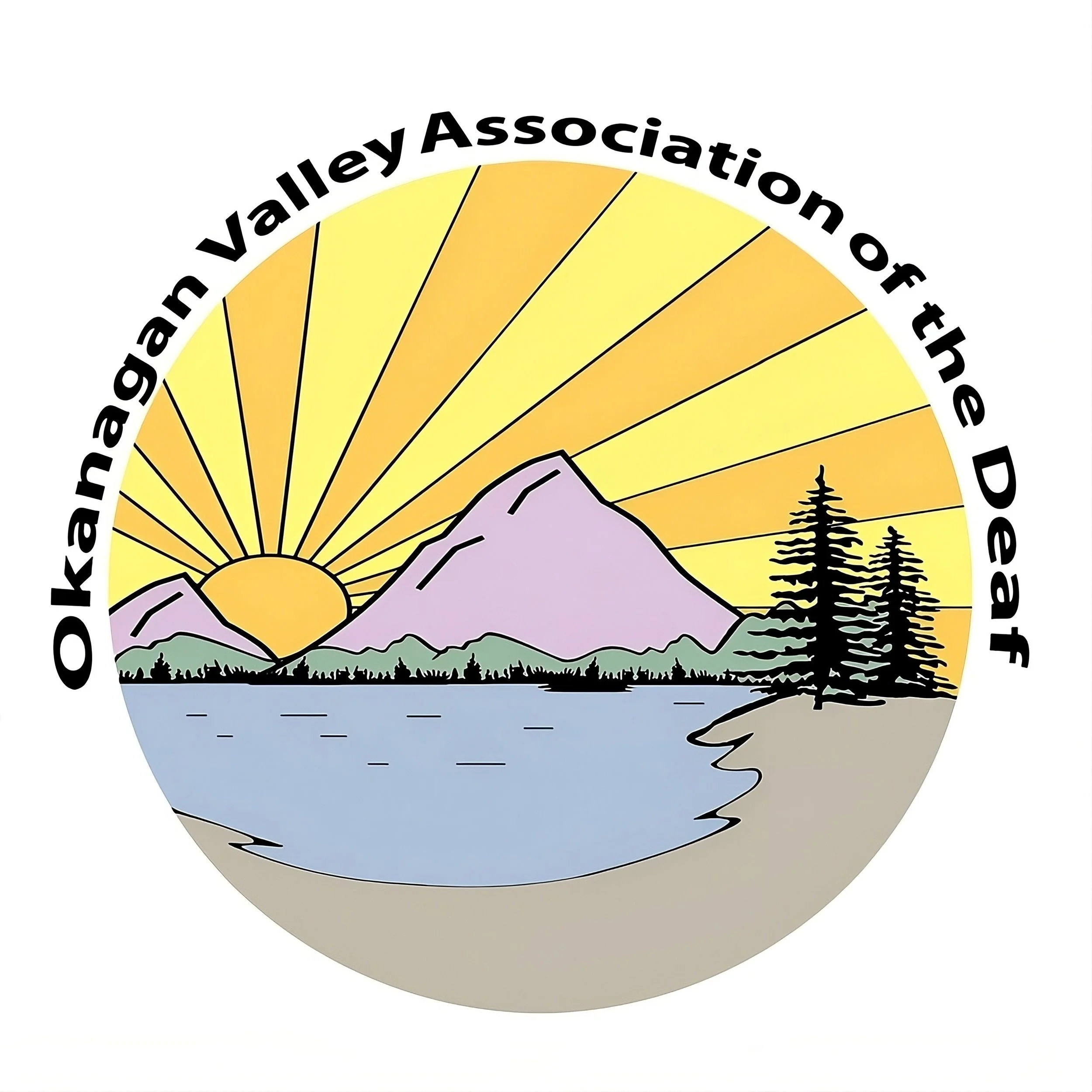 A logo with a landscape showing a lake, trees and mountains with the sun setting between two mountains, with sun streaks across the sky (all encased within a circle) with black text hugging outside the circle "Okanagan Valley Association of the Deaf"