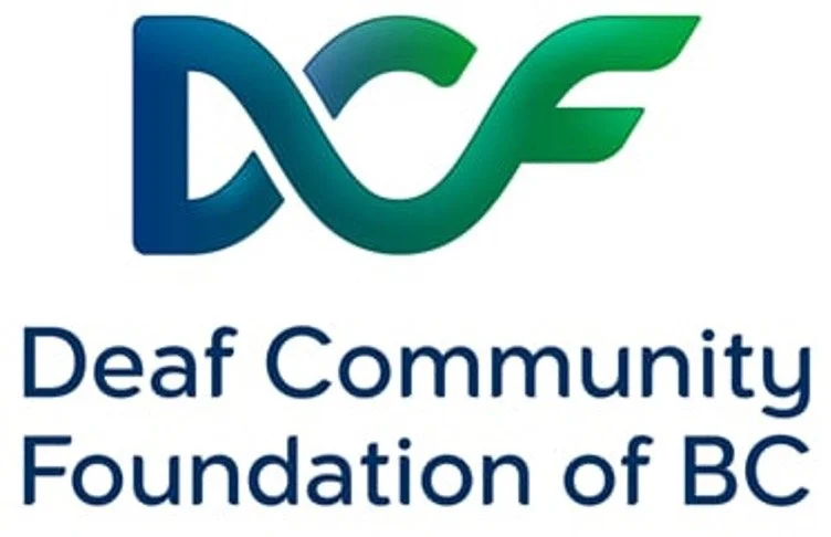 Logo of the Deaf Community Foundation of BC with stylized initials DCF in green and blue, and the organization's name written below.