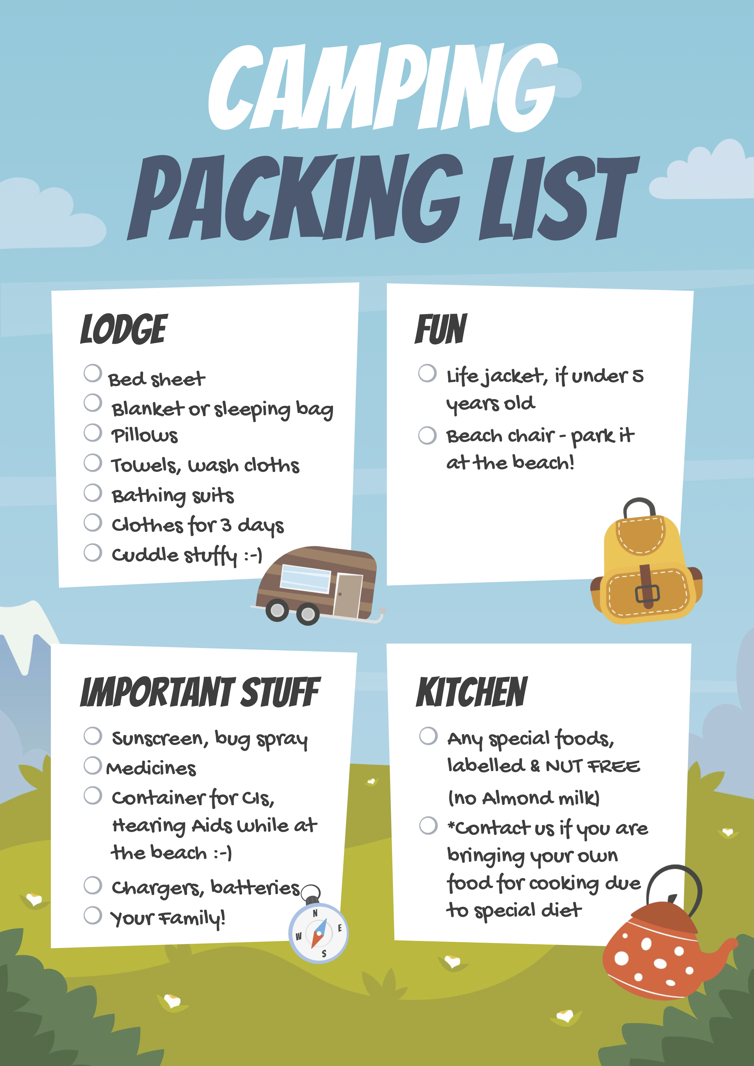 Camping packing list with sections for Lodge, Fun, Important Stuff, and Kitchen, featuring illustrations of a trailer, backpack, a compass, and a teapot, set outdoors with grass and trees.