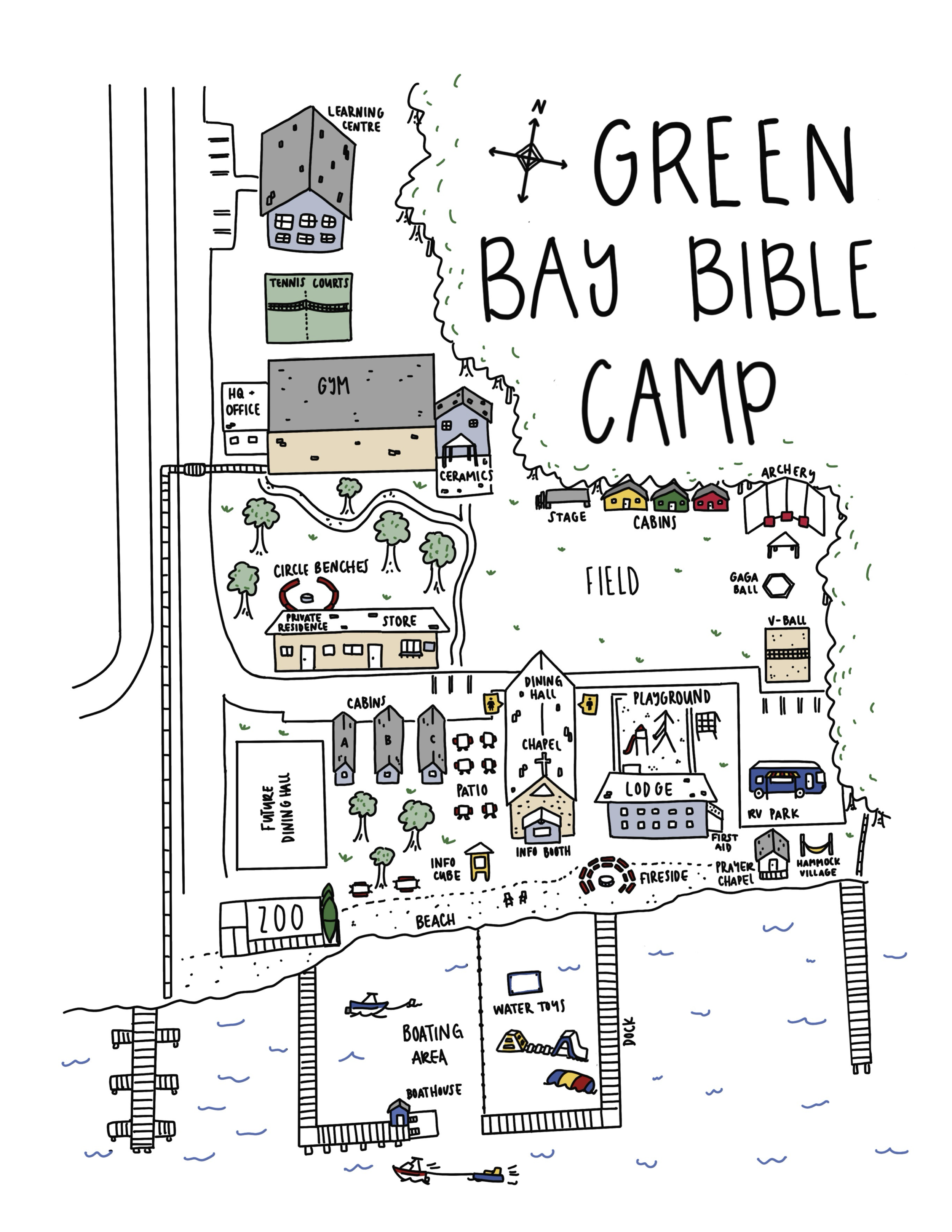 A map of Green Bay Bible Camp showing various facilities including cabins, sports courts, a gym, dining hall, playground, and waterfront activities.