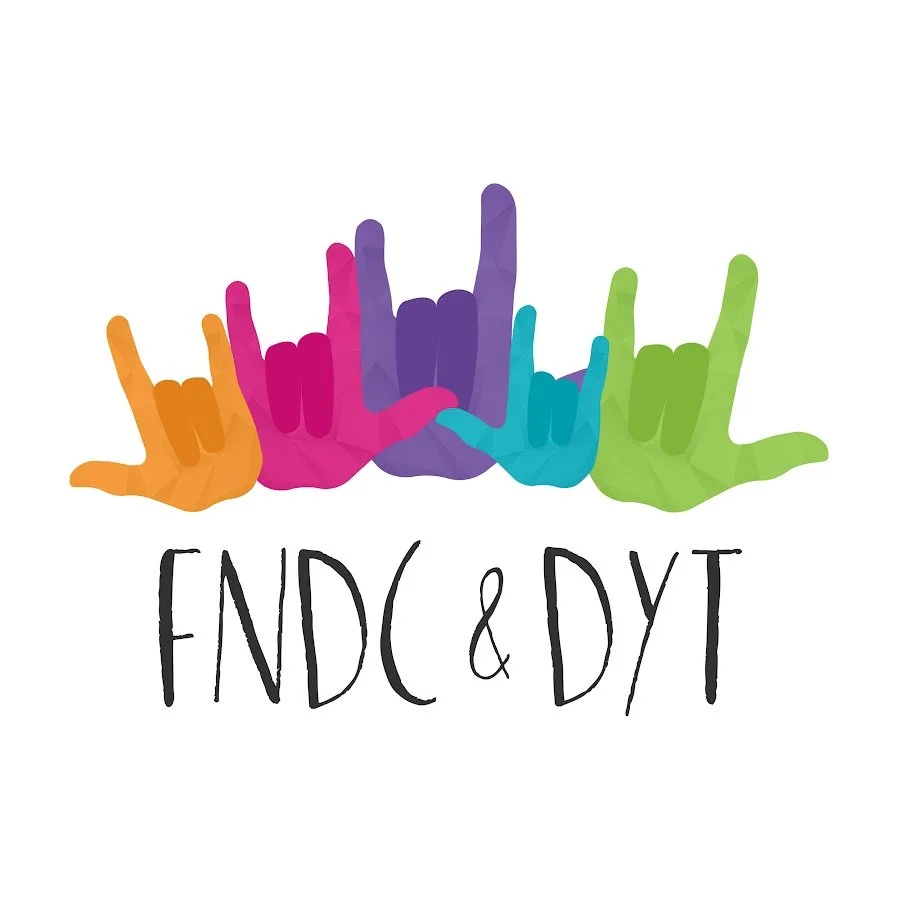 Colorful illustration of hands making various gestures with the words "FNDI & DYT" written below.