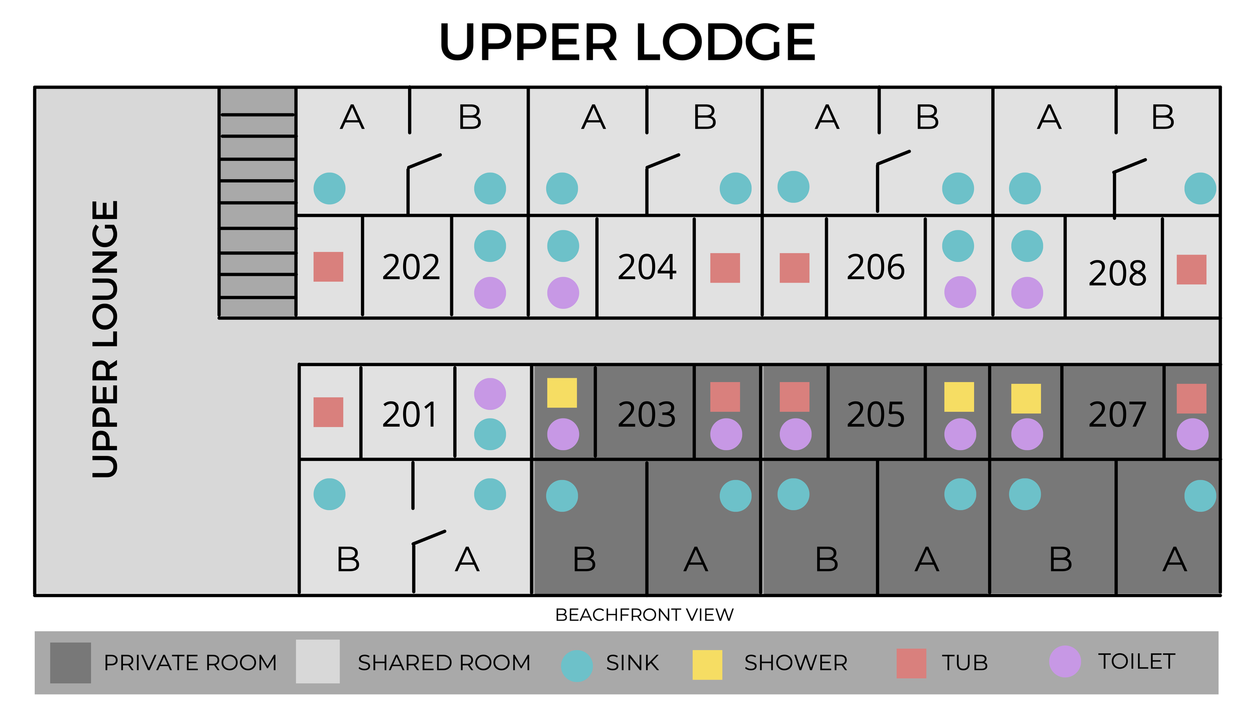 Floor plan of the upper lodge with room number labels, symbols for sink, shower, tub, and toilet, and a color legend indicating private rooms in dark gray, shared rooms in light gray, sink in blue, shower in yellow, tub in red, and toilet in purple.