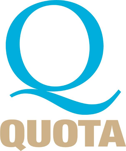 A logo with a large blue letter 'Q' above the word 'QUOTA' in beige letters.