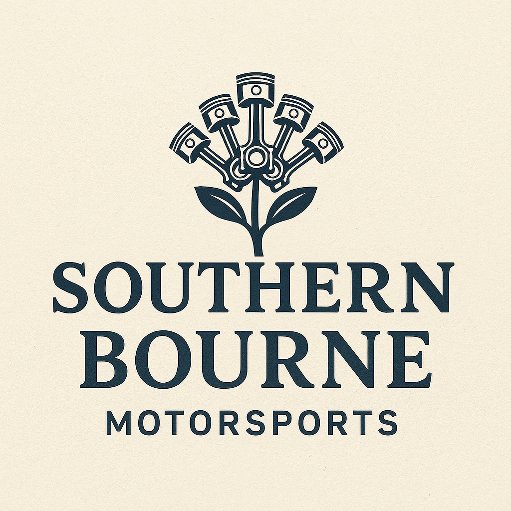 Logo for Southern Bourne Motorsports featuring a stylized flower with piston pistils and leaves, with the text 'Southern Bourne Motorsports' below.
