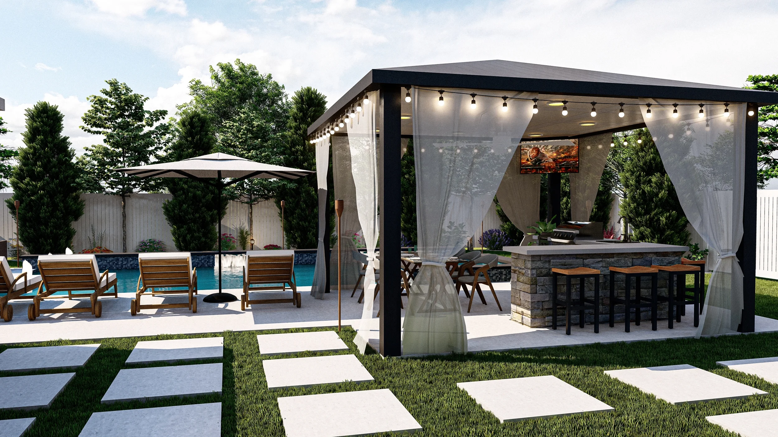 Backyard with swimming pool, wooden lounge chairs, sun umbrella, and a shaded outdoor bar area with a grill, TV, and seating, surrounded by trees and a white fence.