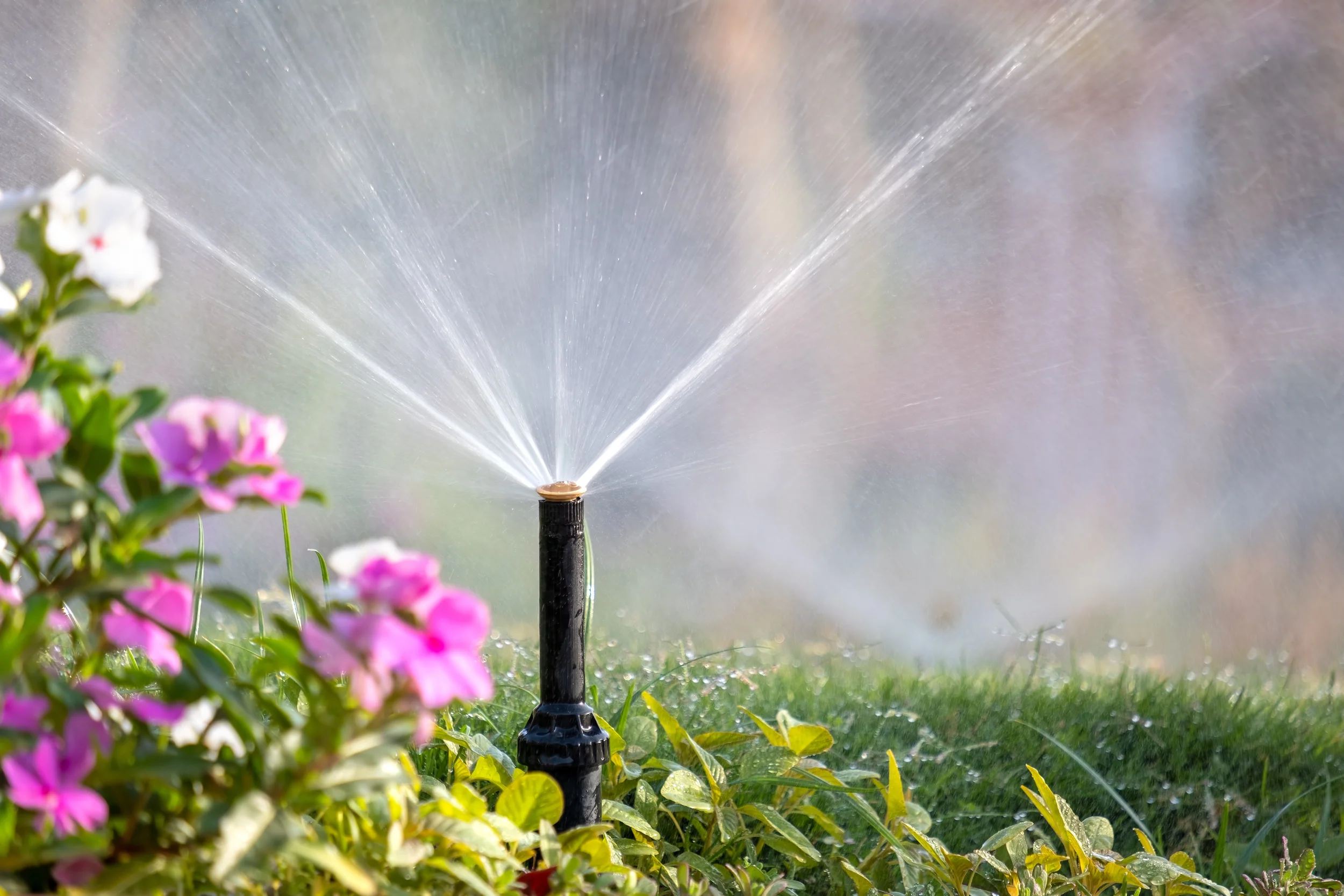 A garden sprinkler watering flowers and grass in a garden.
