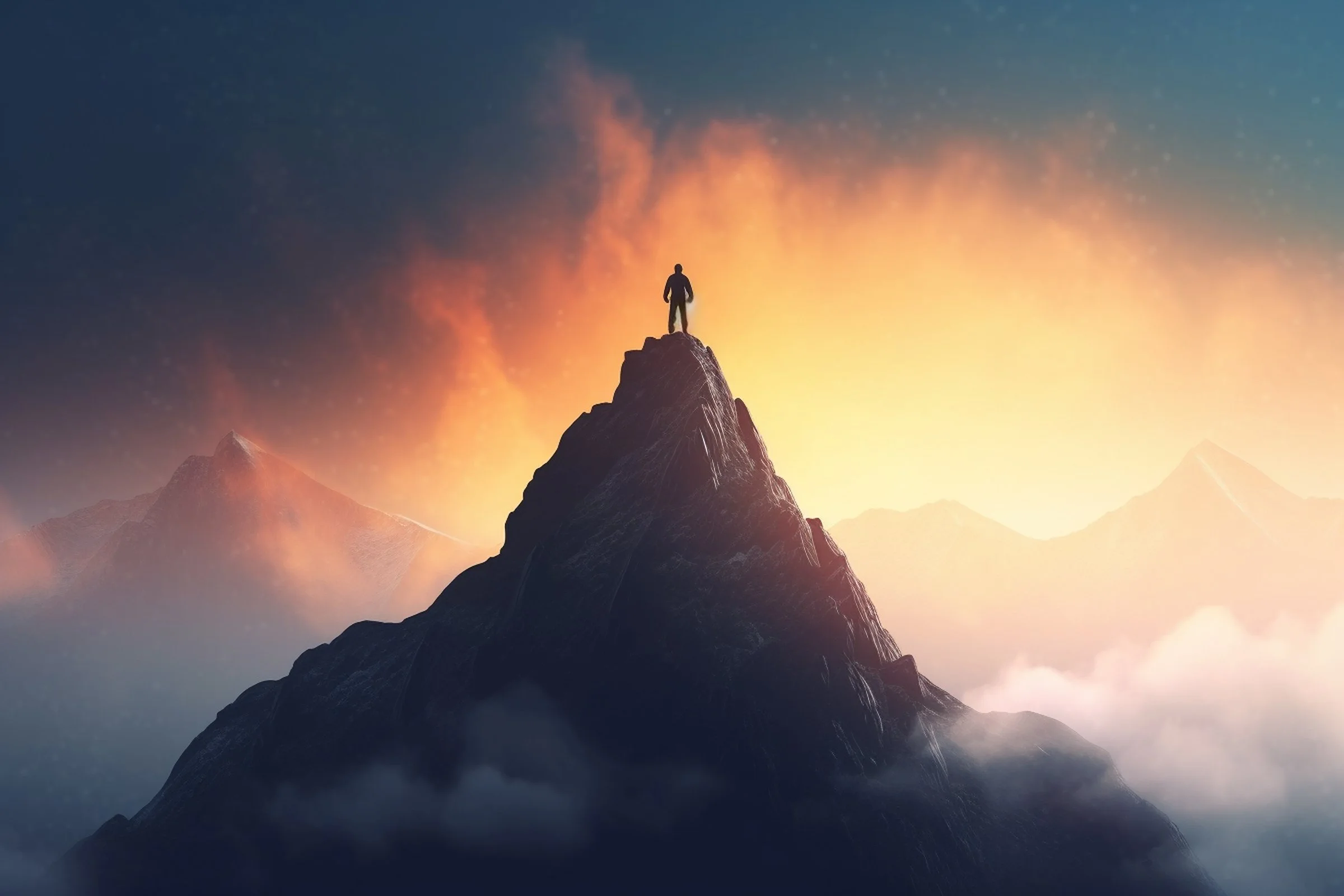 A person standing on top of a mountain peak at sunrise or sunset, with a dramatic sky and distant mountain ranges in the background.