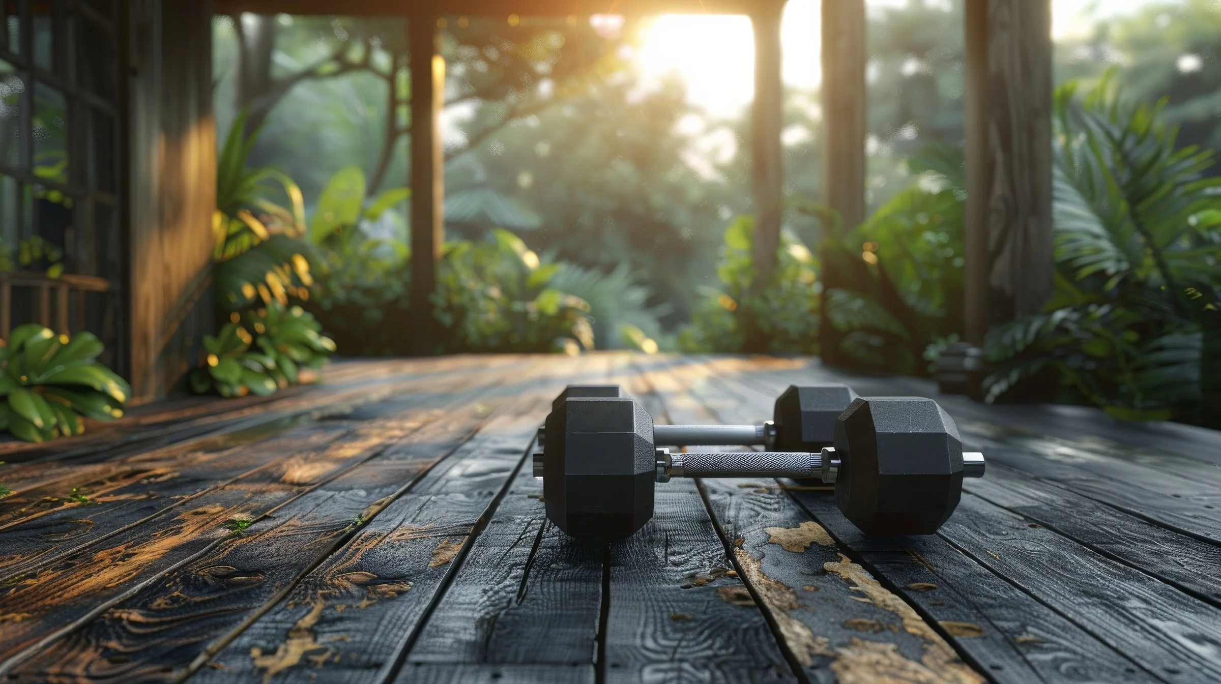 A pair of dumbbells resting on a wooden deck with sunlight filtering through nearby trees, creating a warm, natural outdoor workout space surrounded by lush green plants.