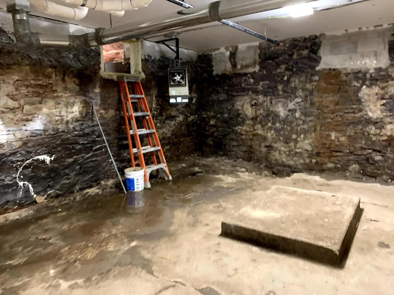 Underground room with exposed stone walls, a red ladder, a bucket of construction supplies, and exposed piping on the ceiling.