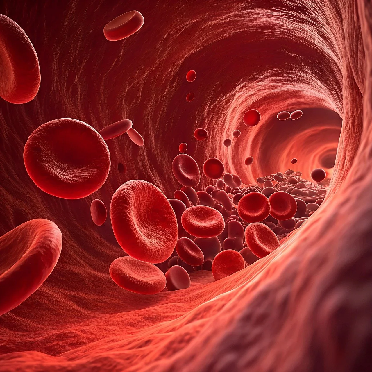 Red blood cells flowing inside a blood vessel.