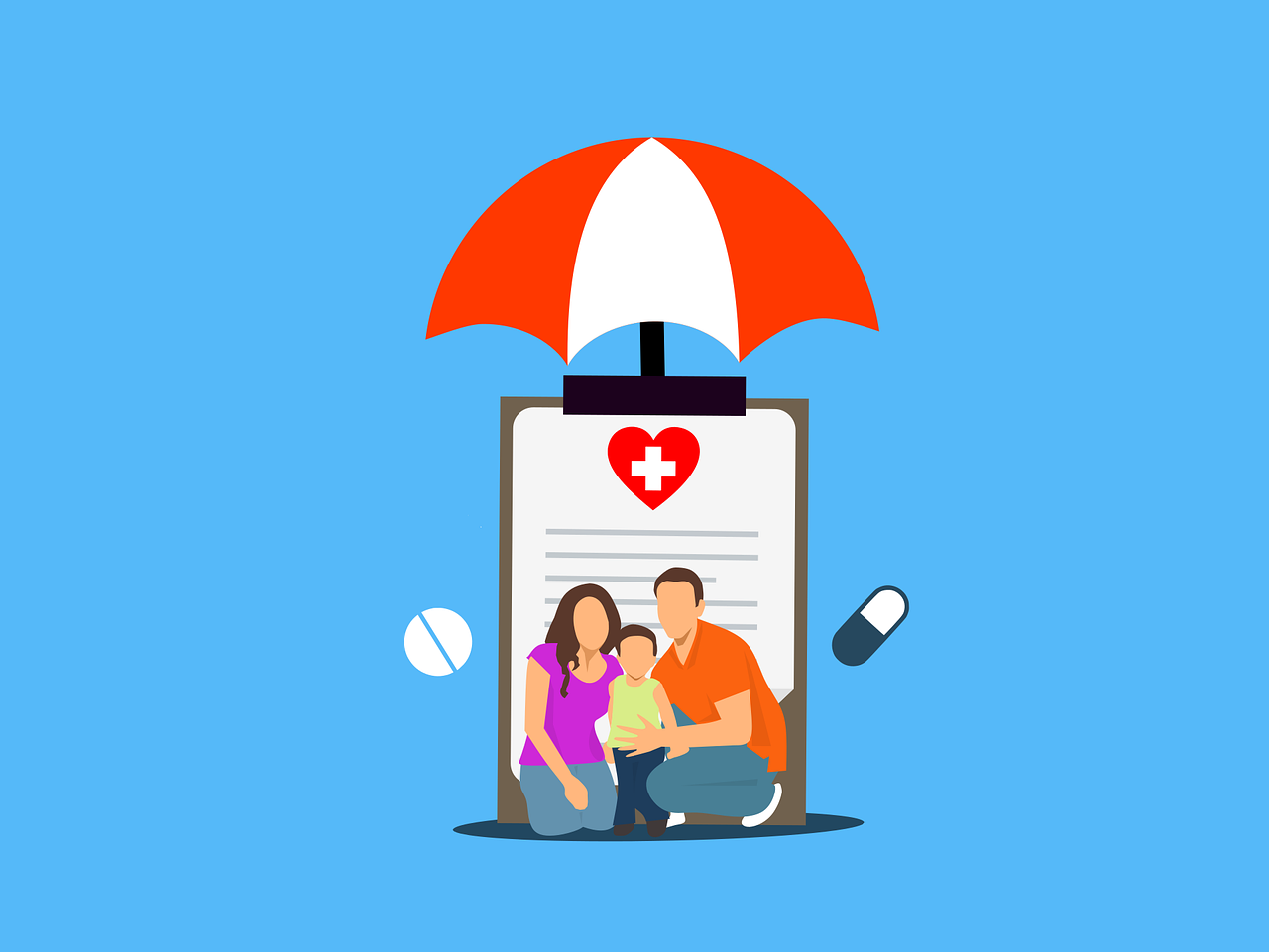 Illustration of a family receiving healthcare, with a document, pill, and capsule, under an umbrella with a health symbol.