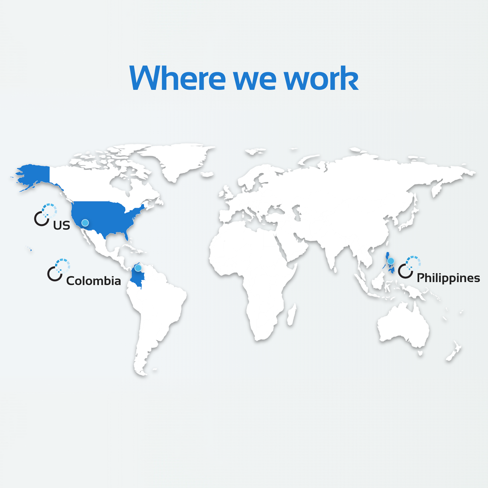 World map highlighting the US, Colombia, and the Philippines, with labels and icons indicating locations for a work-related context.
