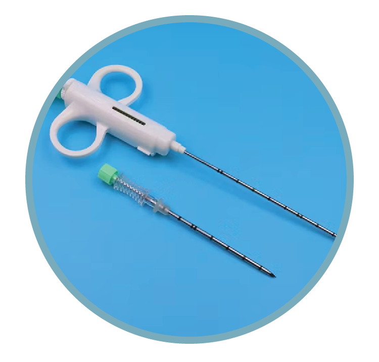 Two syringes, one with a white handle and the other with a green handle, on a blue background.