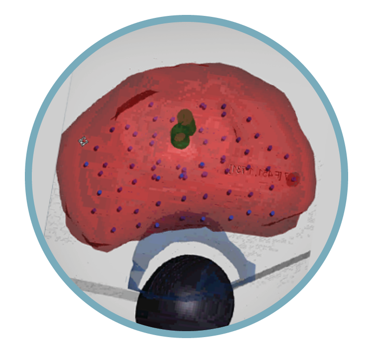 Close-up of a robot arm with a red, textured object with onion-like layers and purple dots.