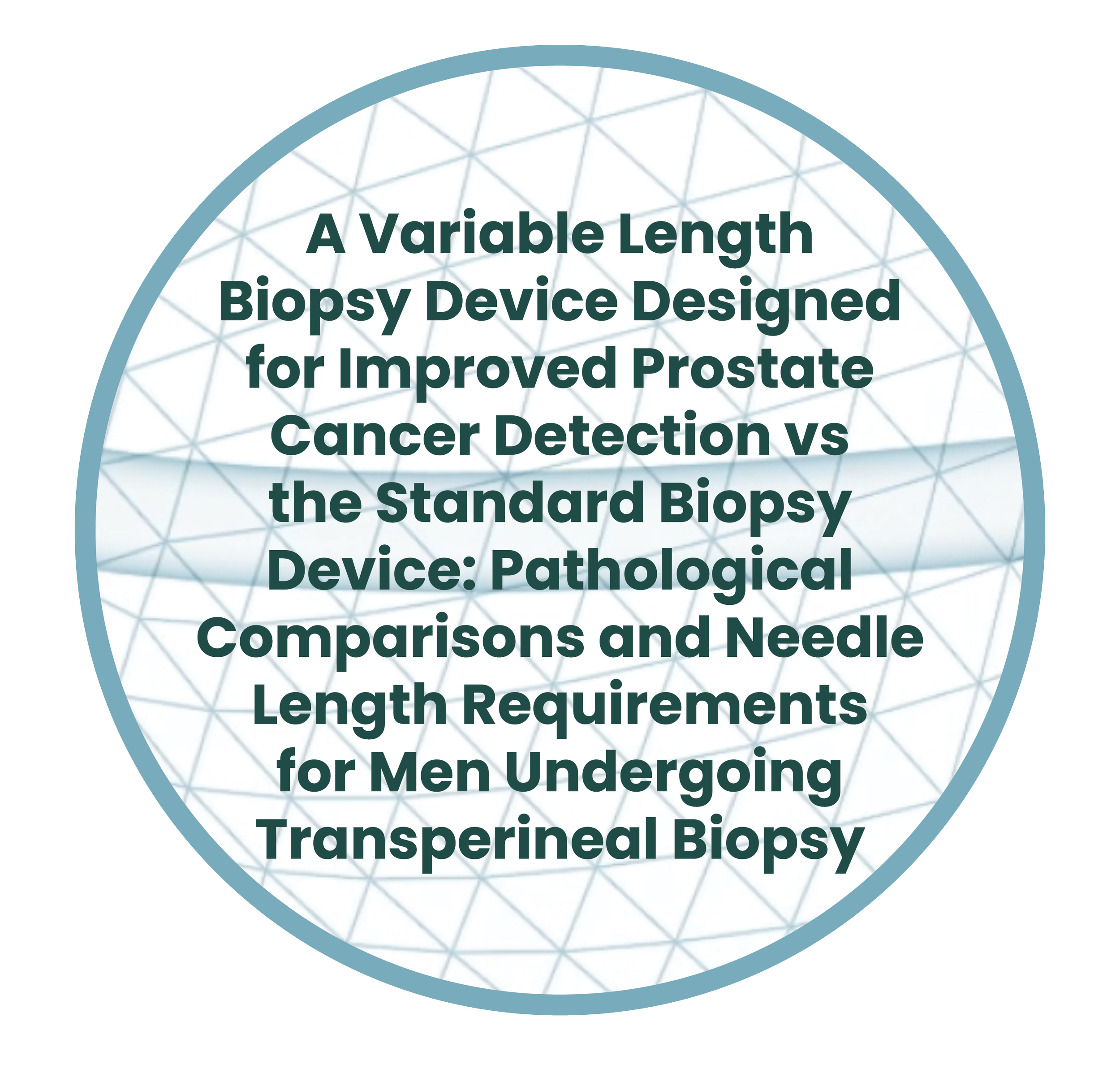 Title slide with circular design and geometric background, displaying text about a study comparing biopsy devices for prostate cancer detection and needle length requirements for transperineal biopsy.