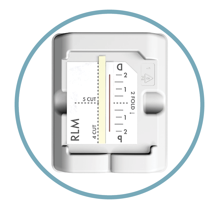 A white ru-loss meter with a sliding switch for selecting 2 or 4 fold settings, and a ruler for measuring the length in inches, marked with 5 cuts and 4 cuts.