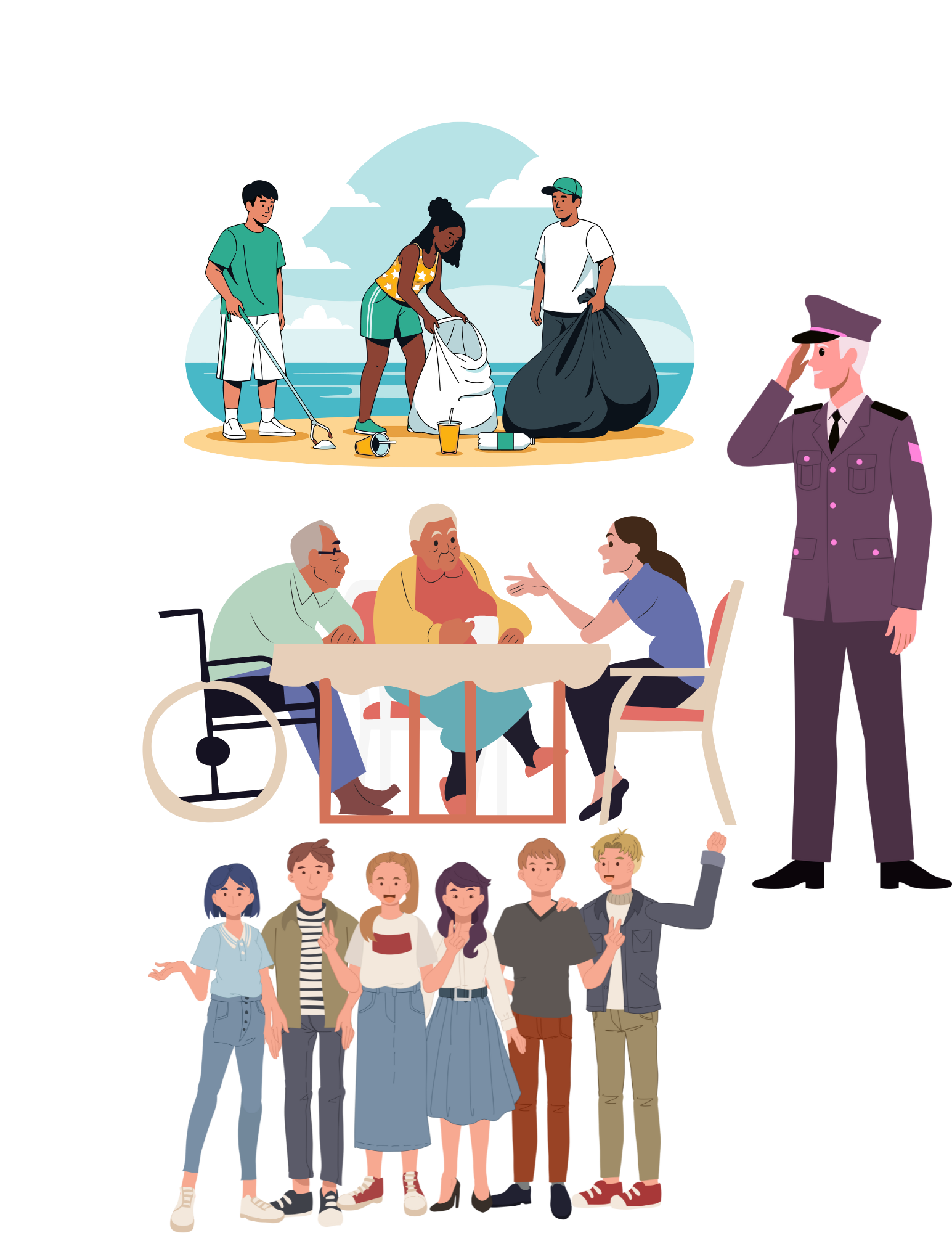 Community cleanup, elderly care, and youth volunteering scenes in a vertical collage illustration.