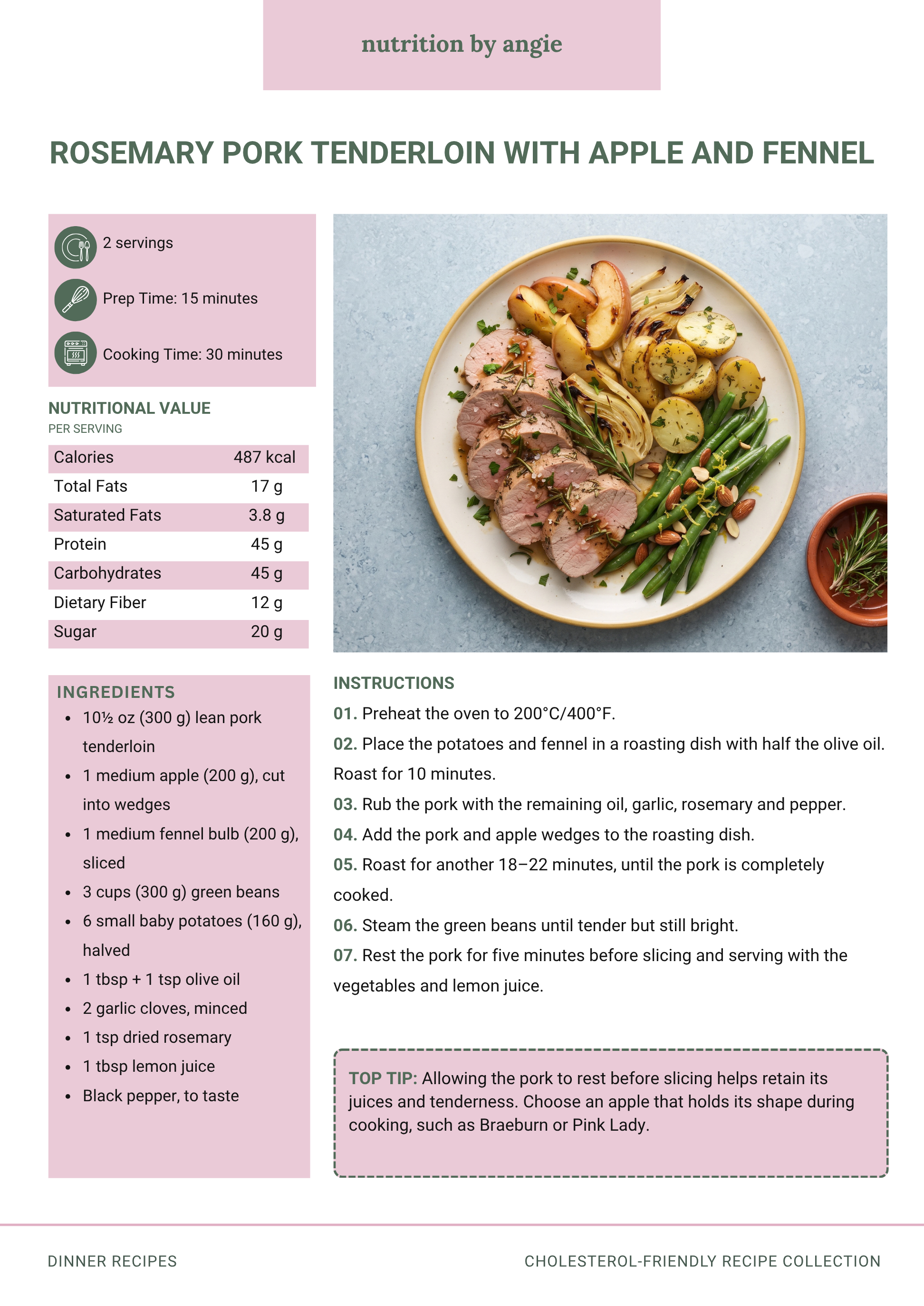 Recipe page titled "Rosemary Pork Tenderloin with Apple and Fennel" featuring an image of plated pork tenderloin with roasted potatoes, green beans, and fennel. Contains cooking instructions, nutritional info, and ingredient list.
