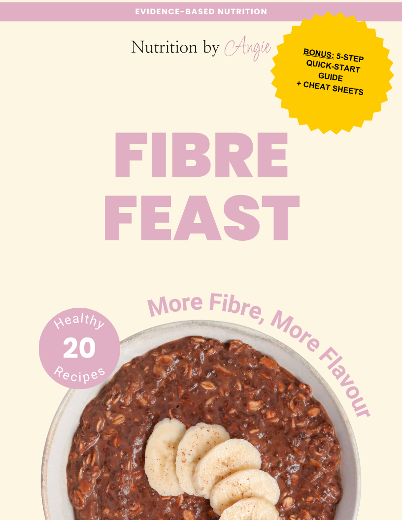 Cover of a book titled 'Fibre Feast' by Angie, promoting evidence-based nutrition with a focus on fiber-rich recipes. It features a bowl of oatmeal topped with banana slices and has a yellow badge indicating a bonus quick-start guide and cheat sheets.