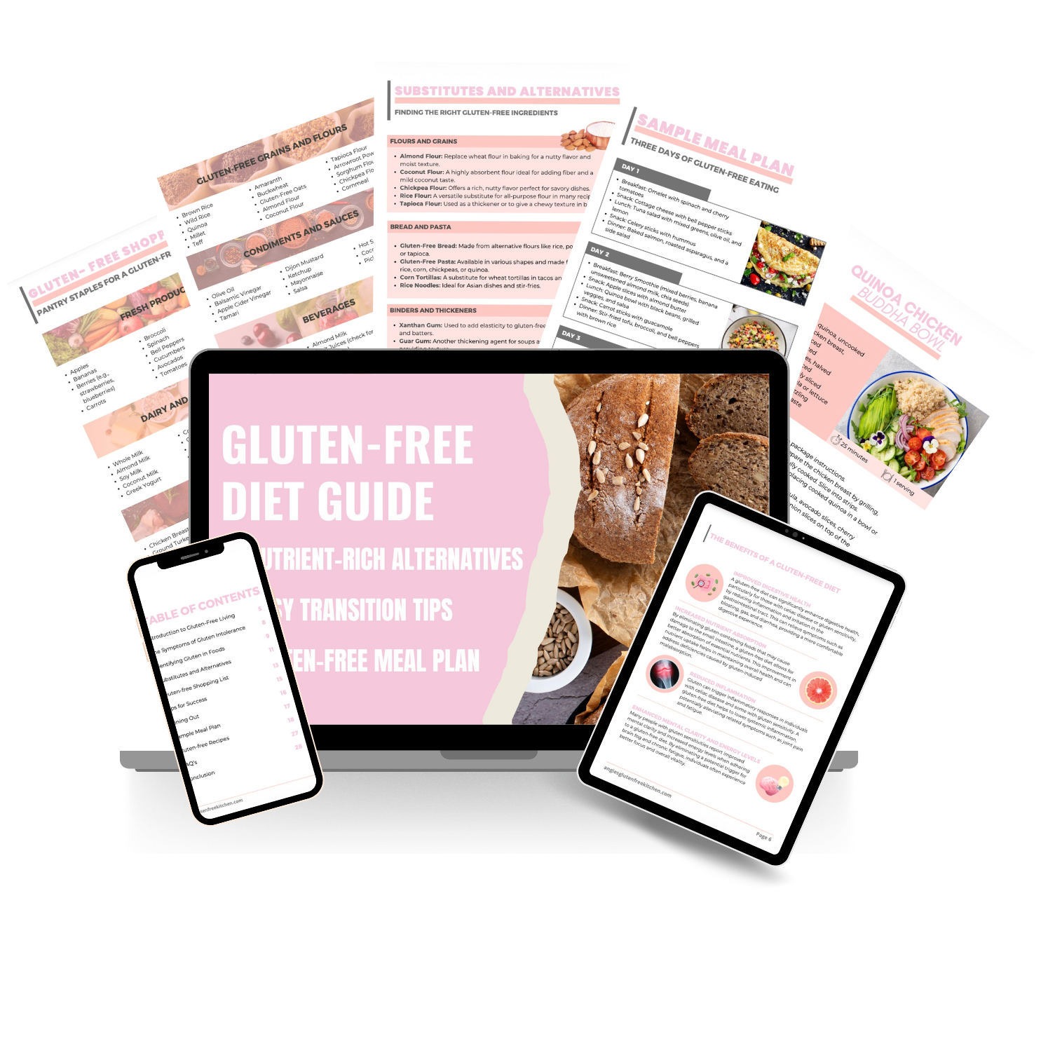 Digital image showing a gluten-free diet guide on a laptop screen, with a tablet and a phone displaying related content. The guide features a pink and beige color scheme and includes sections on ingredients, meal plans, and health benefits.