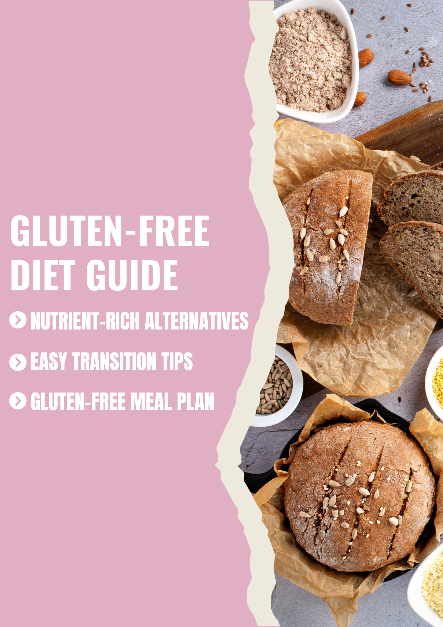 Decorative image for gluten-free diet guide featuring various gluten-free baked goods like bread and muffins, along with small bowls of seeds, nuts, and flours on a textured surface.