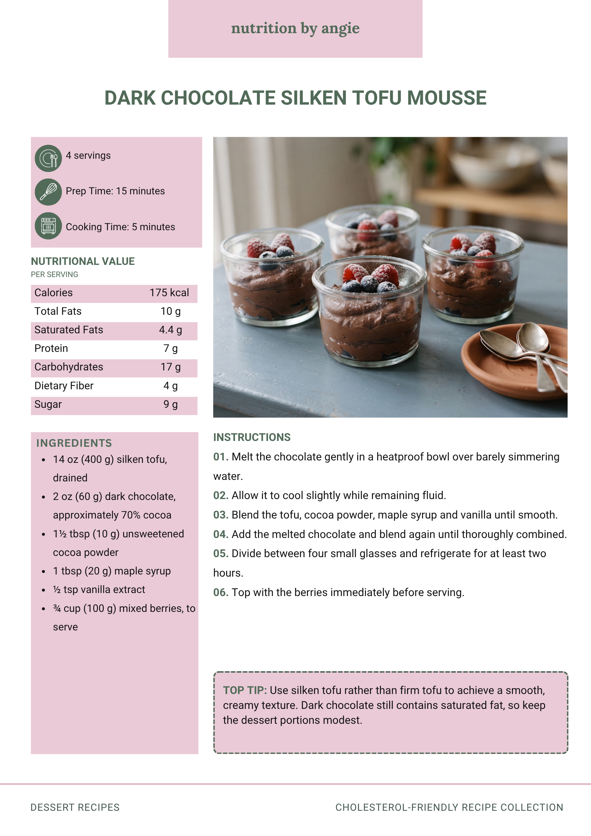 A recipe page for Dark Chocolate Silken Tofu Mousse by Nutrition by Angie. The page includes a photo of four glass cups filled with chocolate mousse topped with berries, on a table with spoons and a small plate. Recipe details include servings, prep and cooking times, nutritional info, ingredients, and instructions.