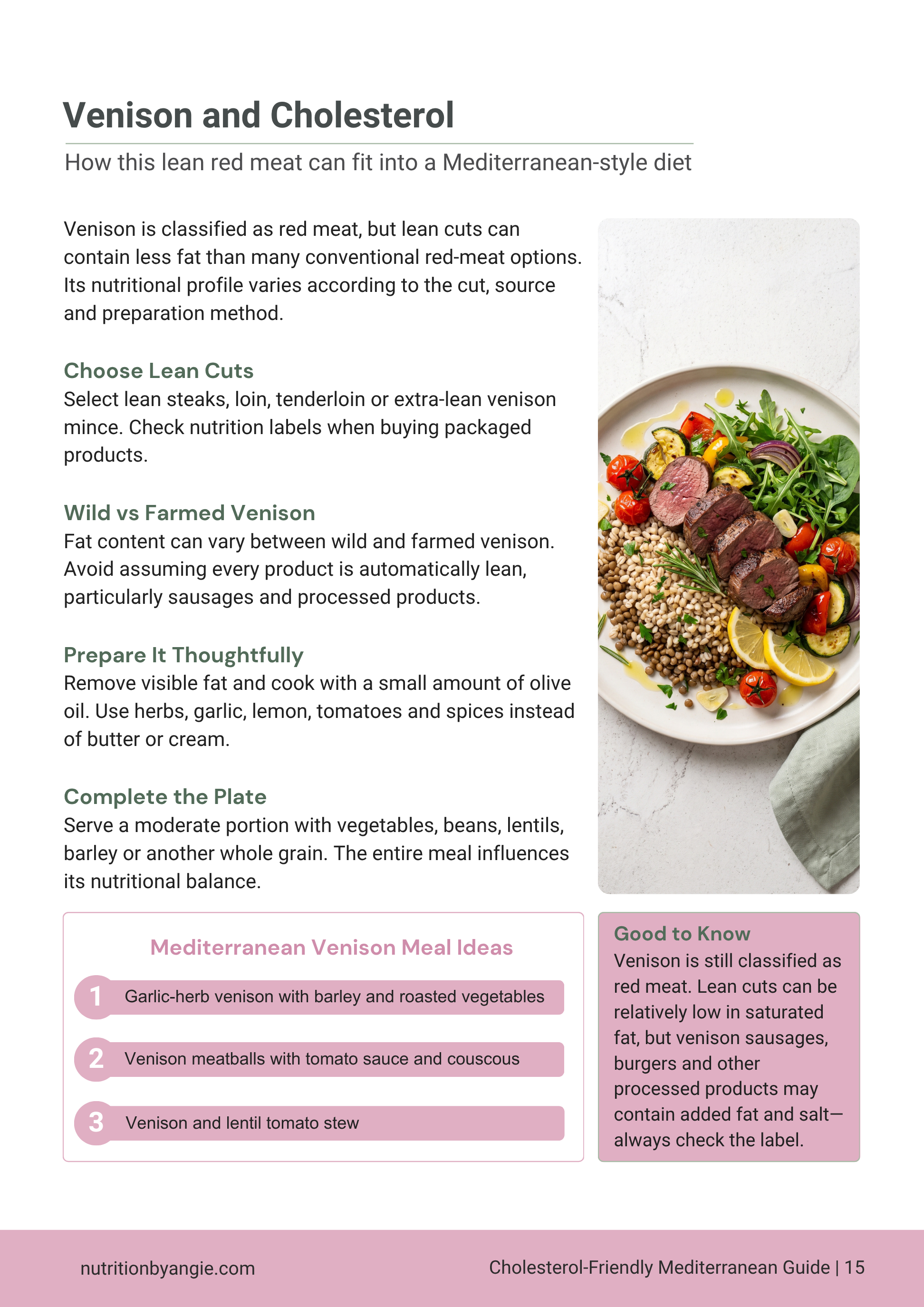 A Mediterranean-style diet page with a colorful salad on the right and text on the left, including headings about venison and cholesterol, with a footer displaying the website nutritionbyangie.com.