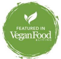 Green circular badge reading “Featured in Vegan Food & Living” with a white leaf logo.