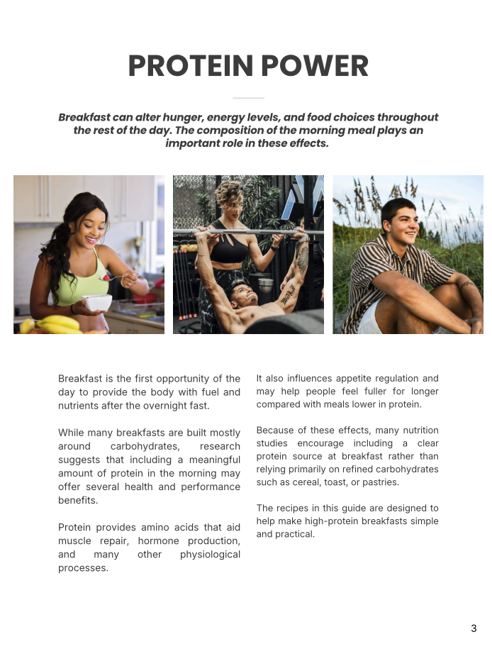 Infographic titled "Protein Power" with images of a woman eating breakfast, a person lifting weights, and a man sitting outdoors. Text discusses the benefits of protein for energy, hunger, and workout recovery.