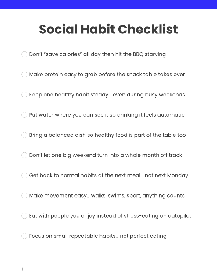 A social habit checklist with tips for healthy living, including not saving calories all day, making protein easy to grab, maintaining healthy habits during busy weekends, drinking water visibly, bringing balanced dishes, avoiding weekend overeating, returning to normal habits, making movement easy, eating with enjoyable company, and focusing on small repeatable habits.