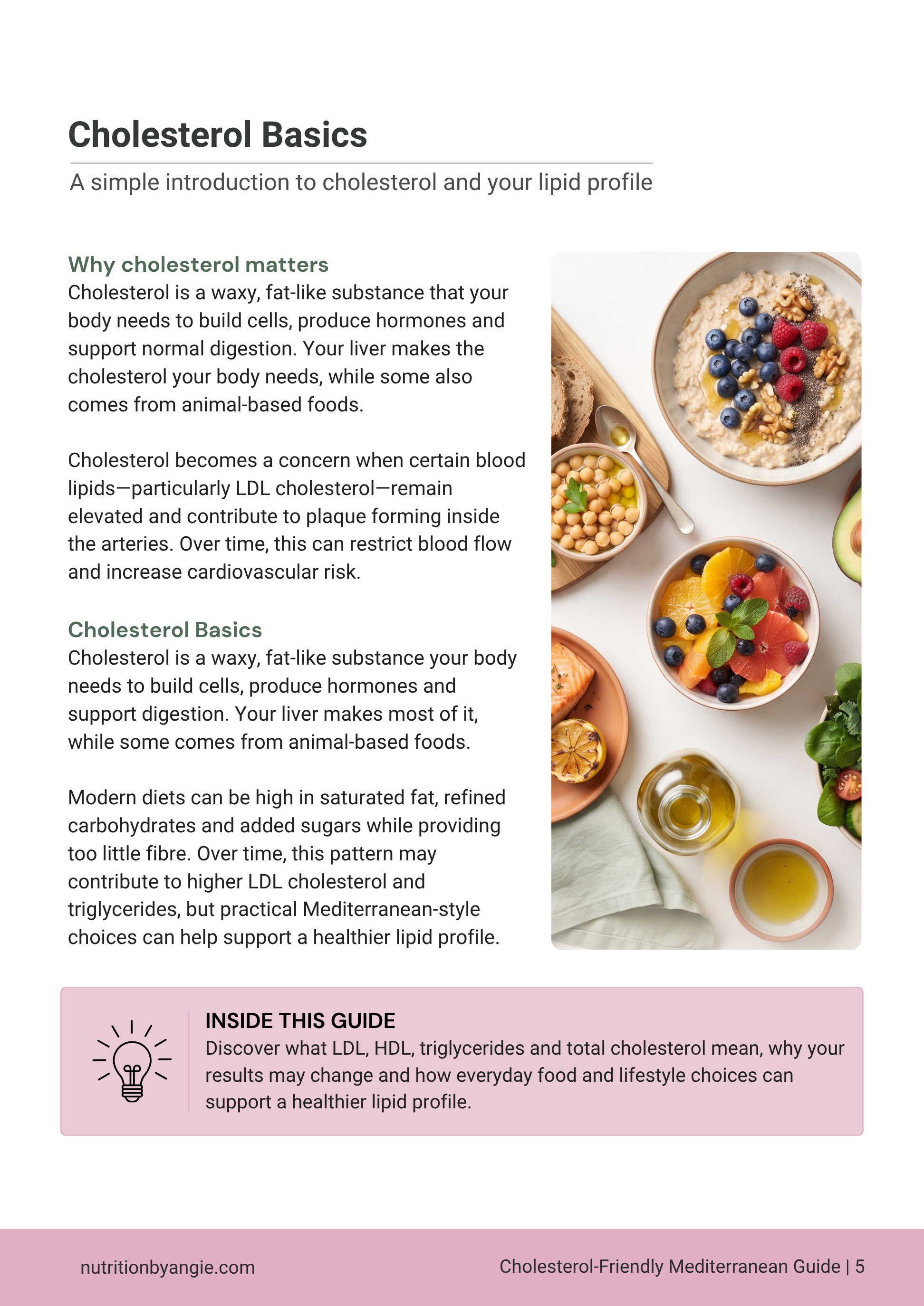 Page from a nutrition guide titled 'Cholesterol Basics' showing a photograph of various healthy foods, including bowls with berries, nuts, and avocado, on a white table.