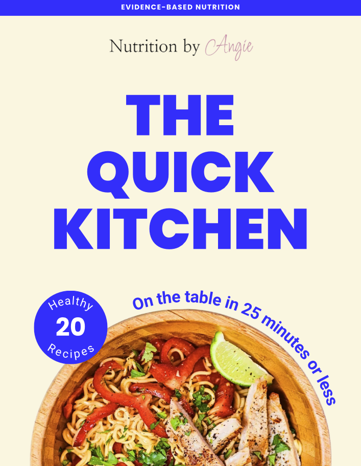Cover of a cookbook titled 'The Quick Kitchen' with a subtitle 'Evidence-Based Nutrition'. It features a bowl of noodles with vegetables and grilled chicken, garnished with a lime wedge. A blue label indicates 'Healthy 20 Recipes'. The text states 'On the table in 25 minutes or less'.