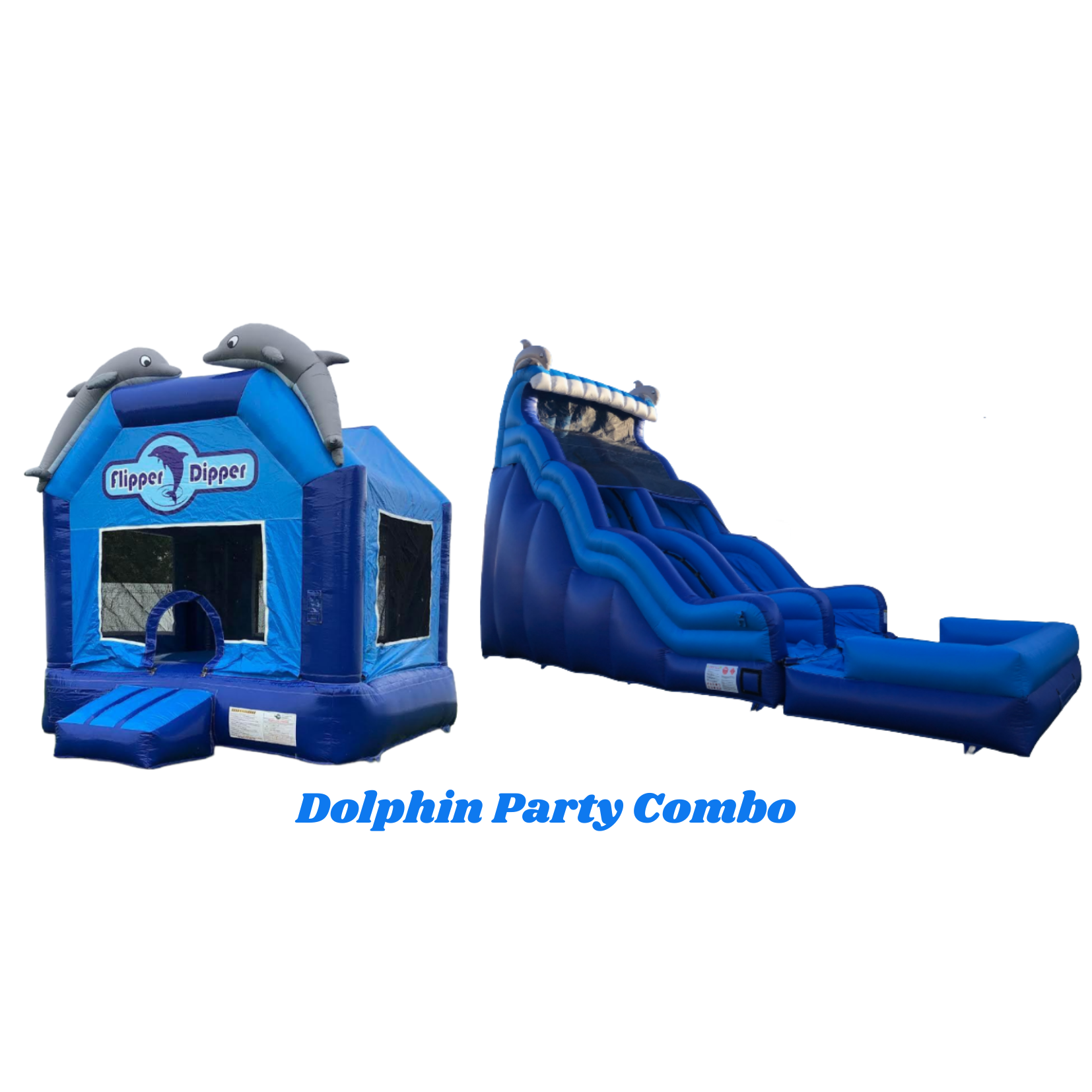 Dolphin-themed inflatable bounce house and water slide, labeled 'Dolphin Party Combo' with playful dolphin graphics.