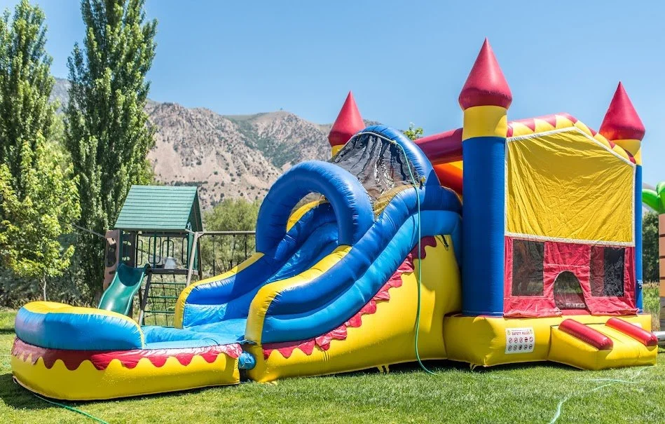 Colorful inflatable bounce house with a slide and castle towers set up outdoors on grass, with mountains and trees in the background.