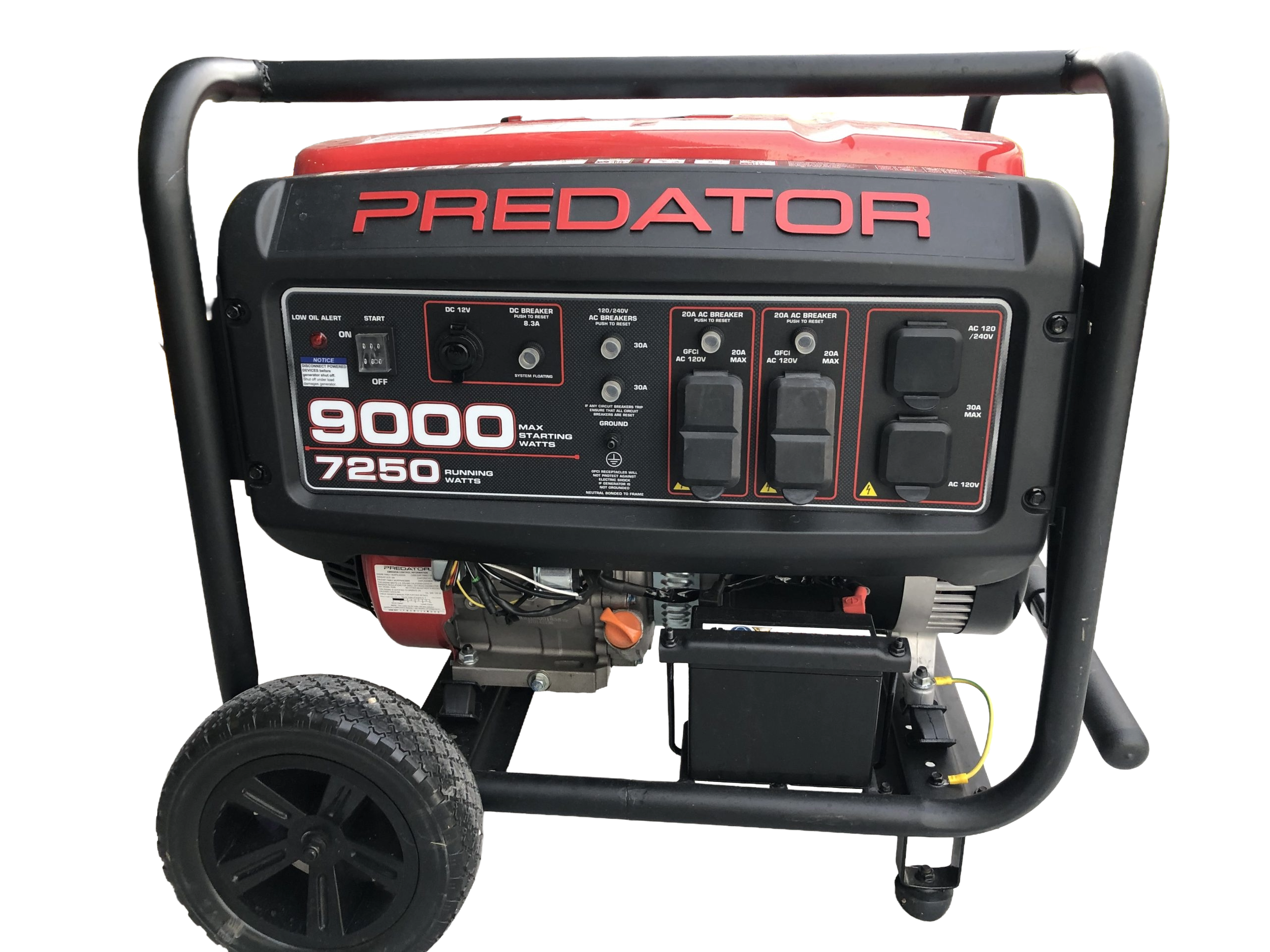 Red and black Predator portable generator with control panel, wheels, and handle.